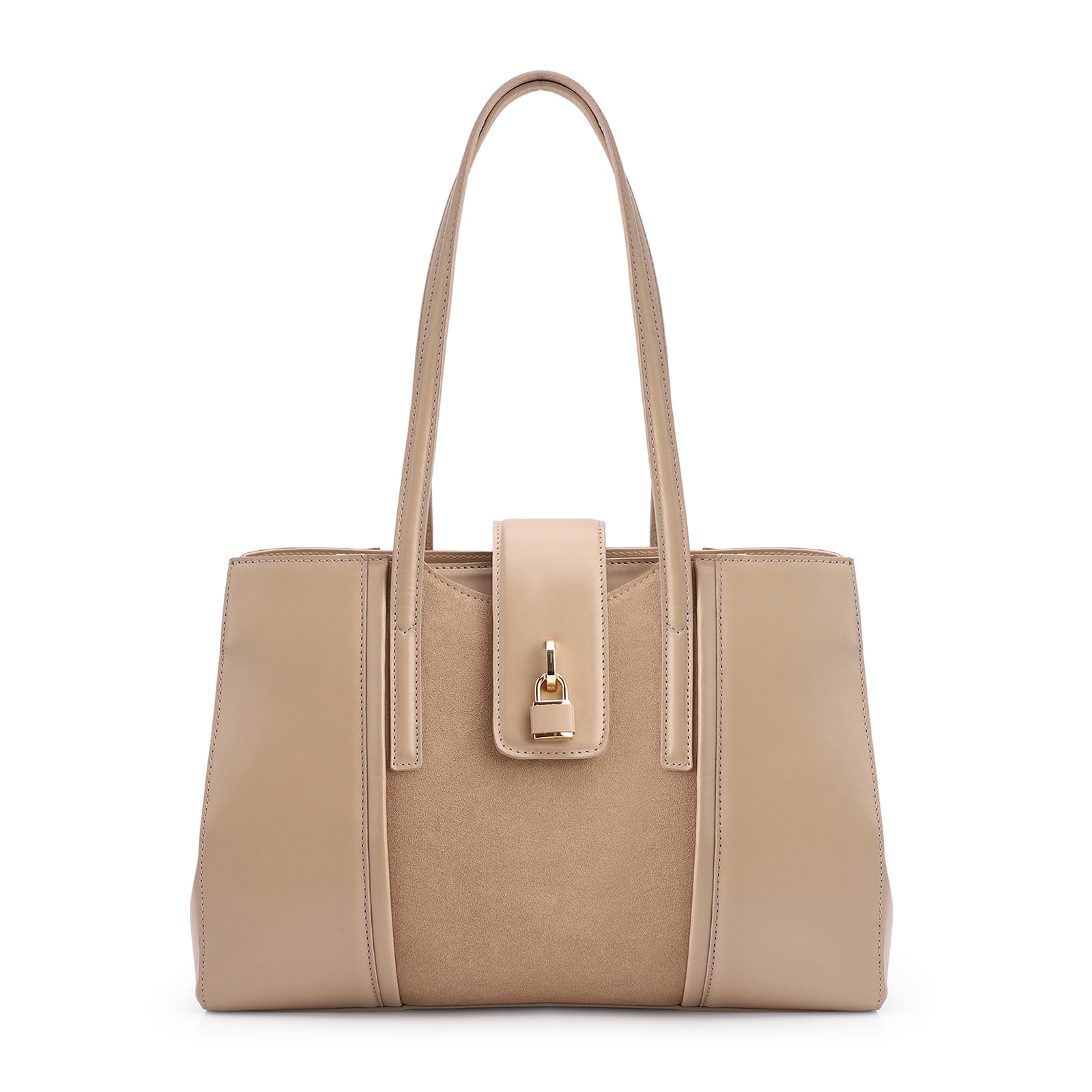 Bolsa Tote Cadeado Couro Camurça/Couro Bege