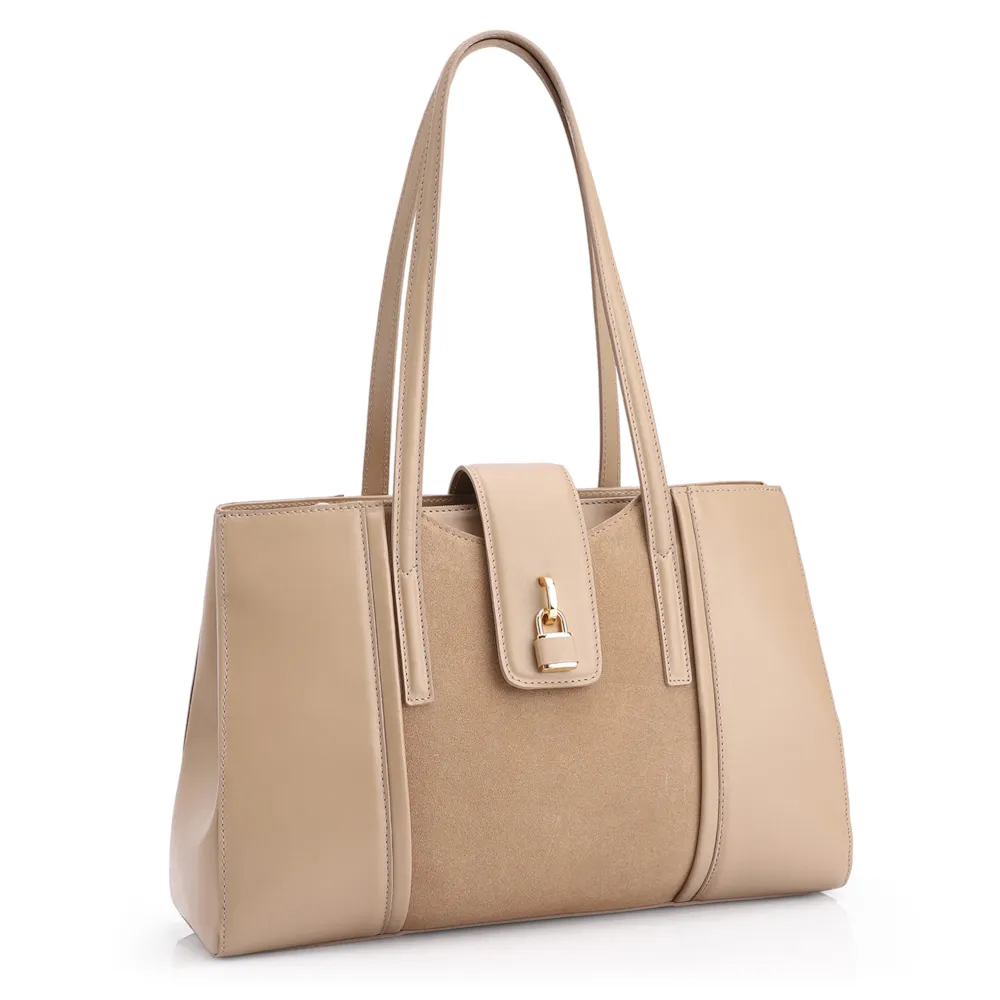 Bolsa Tote Cadeado Couro Camurça/Couro Bege - imagem 2