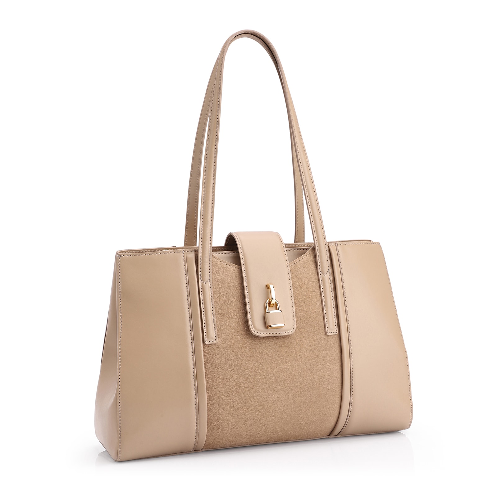 Bolsa Tote Cadeado Couro Camurça/Couro Bege