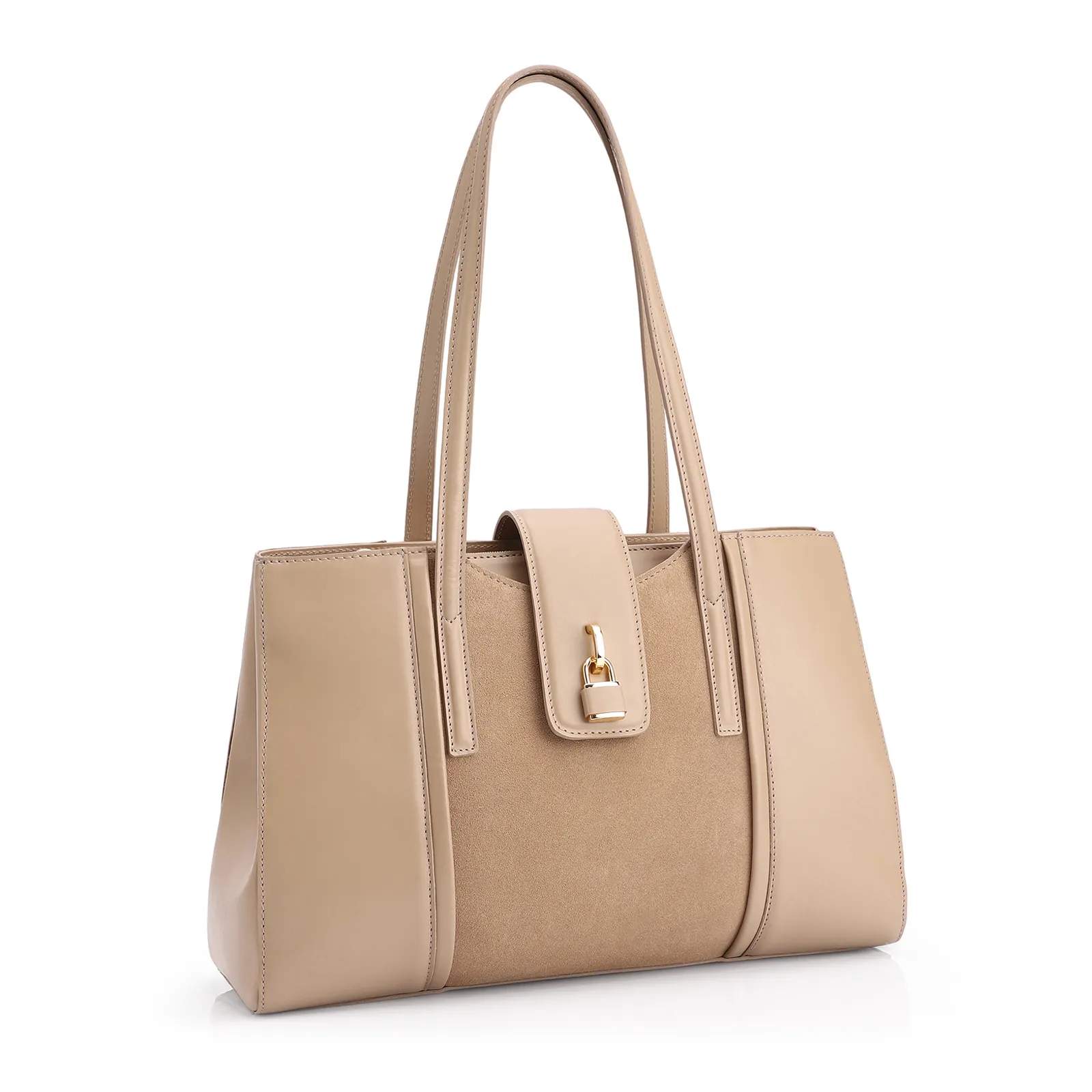 Bolsa Tote Cadeado Couro Camurça/Couro Bege