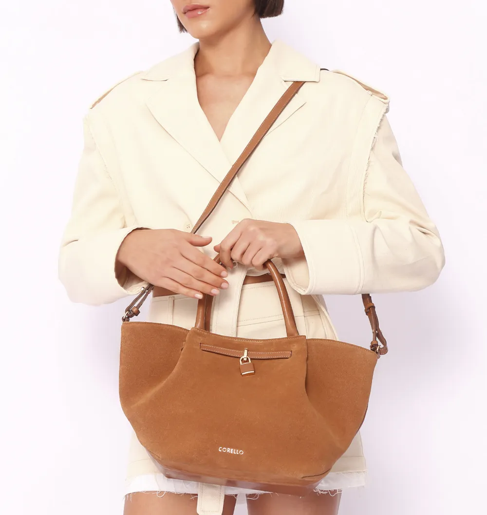 Bolsa Tote Cadeado Couro Camurça/Couro Marrom Claro - imagem 8