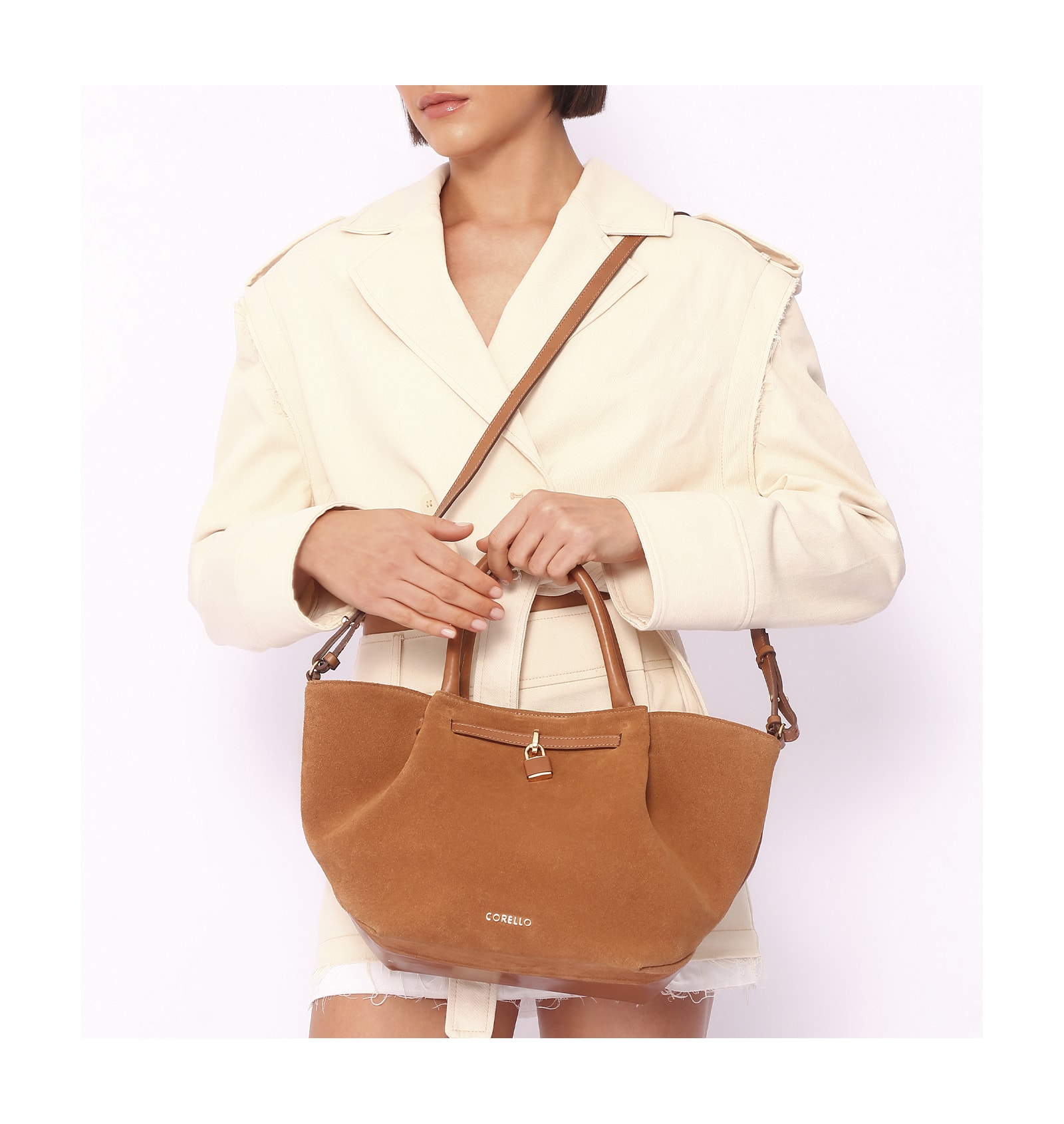 Bolsa Tote Cadeado Couro Camurça/Couro Marrom Claro