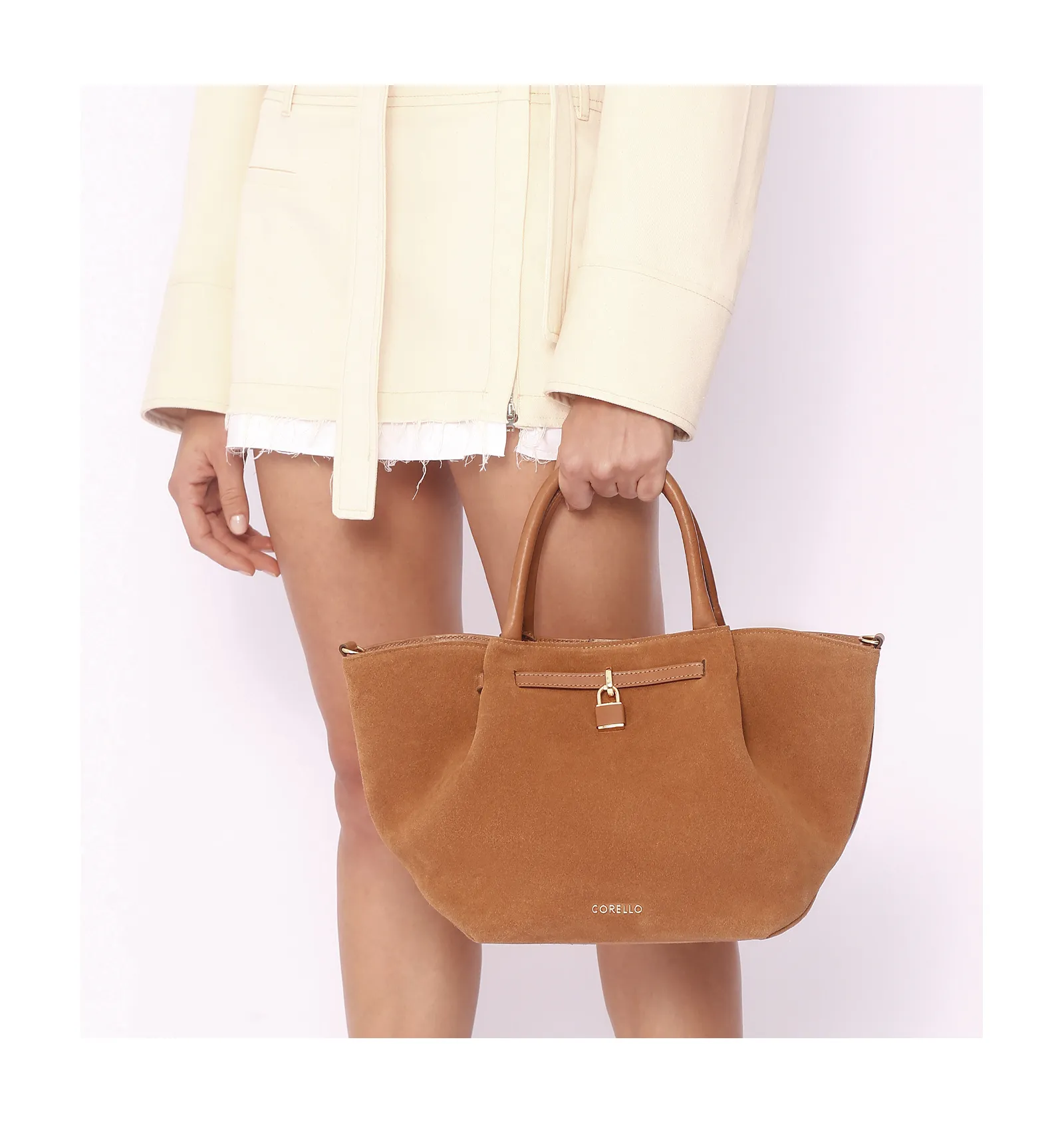 Bolsa Tote Cadeado Couro Camurça/Couro Marrom Claro