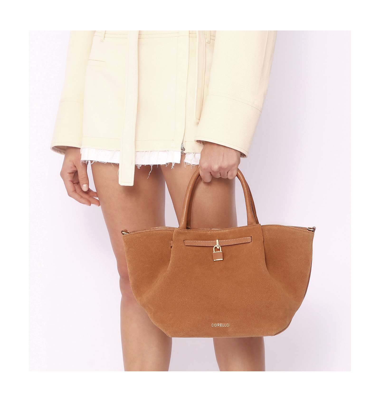 Bolsa Tote Cadeado Couro Camurça/Couro Marrom Claro