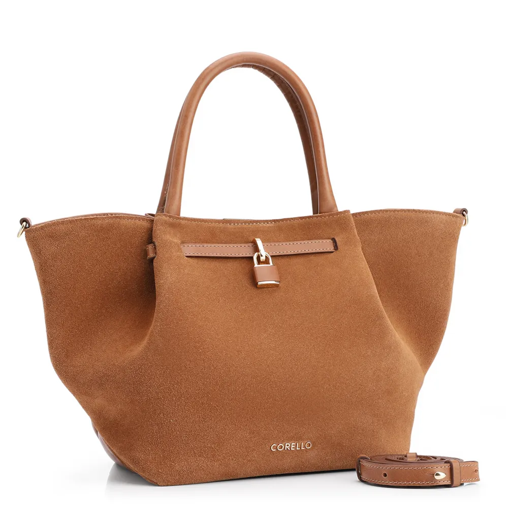 Bolsa Tote Cadeado Couro Camurça/Couro Marrom Claro - imagem 3