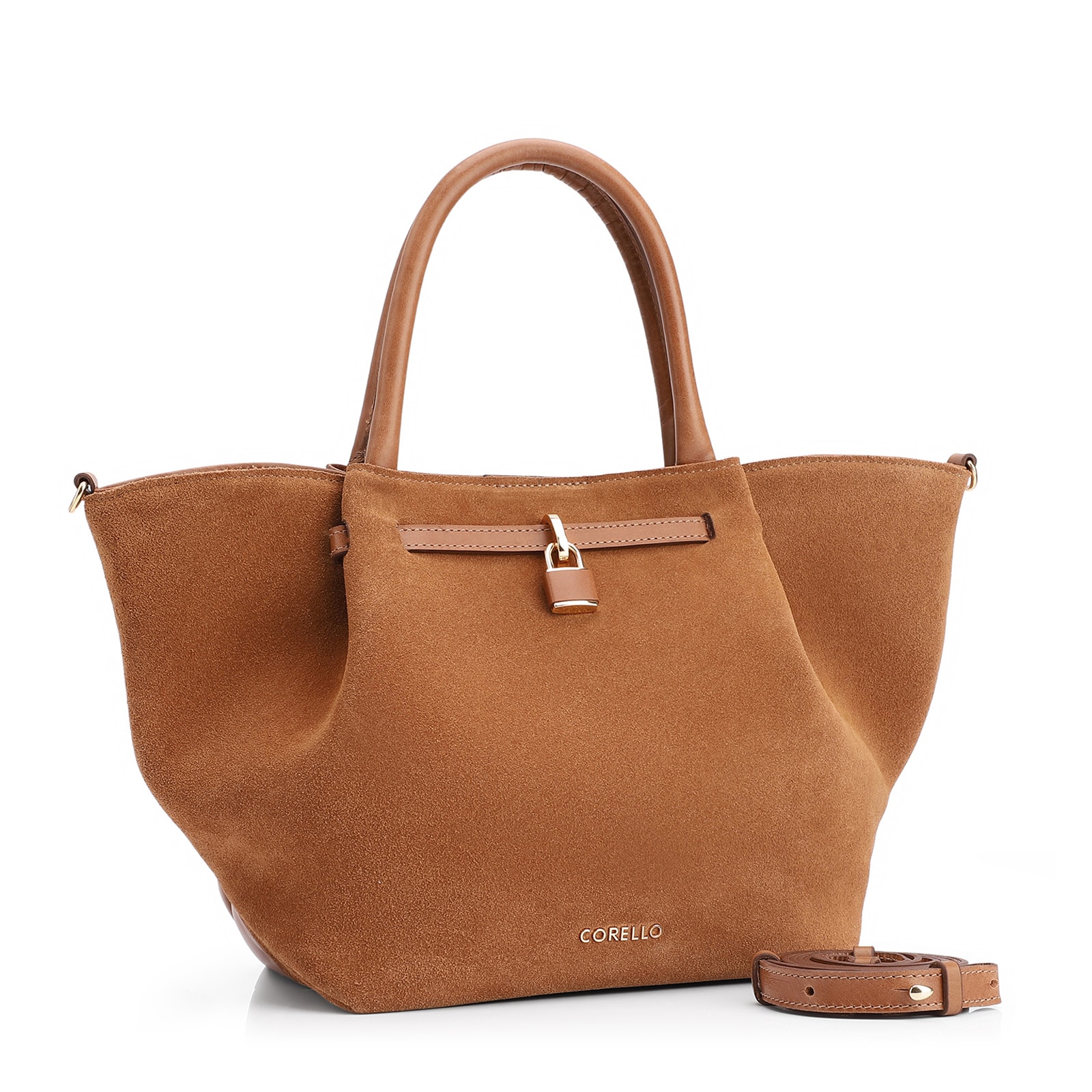 Bolsa Tote Cadeado Couro Camurça/Couro Marrom Claro