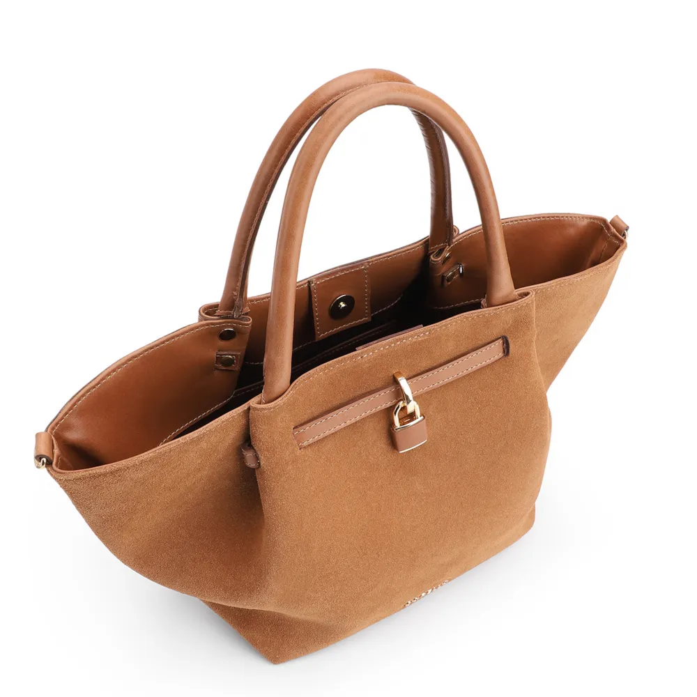 Bolsa Tote Cadeado Couro Camurça/Couro Marrom Claro - imagem 5