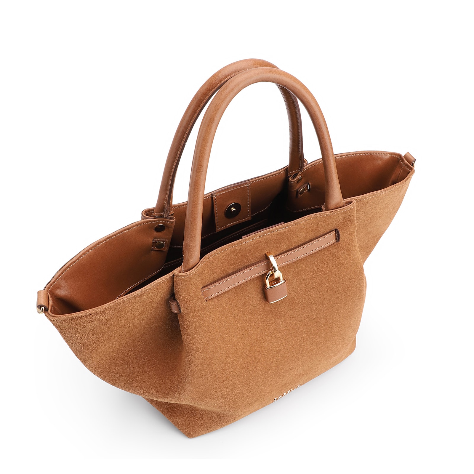 Bolsa Tote Cadeado Couro Camurça/Couro Marrom Claro