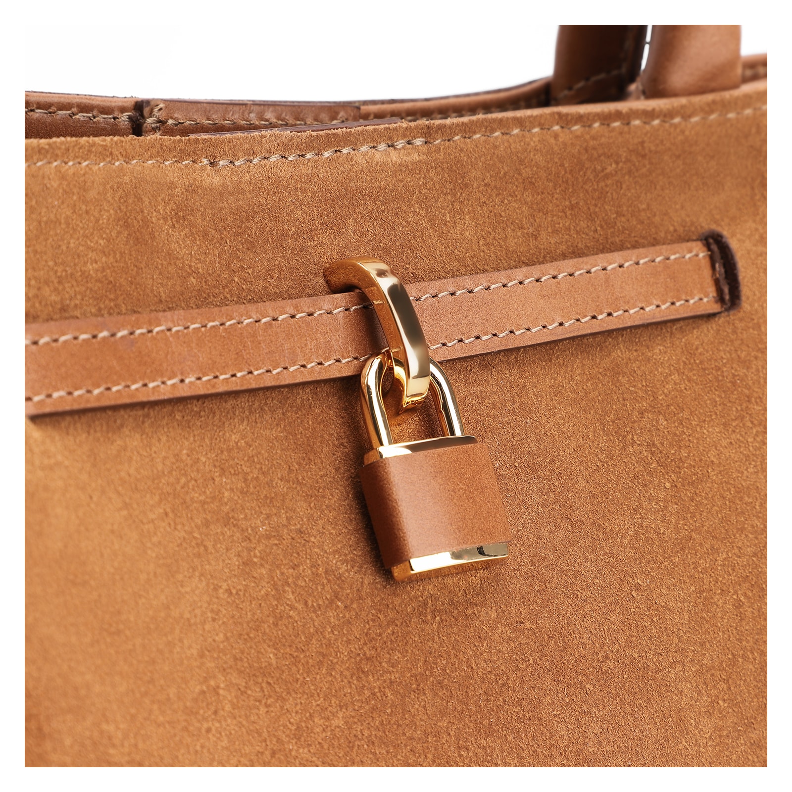 Bolsa Tote Cadeado Couro Camurça/Couro Marrom Claro