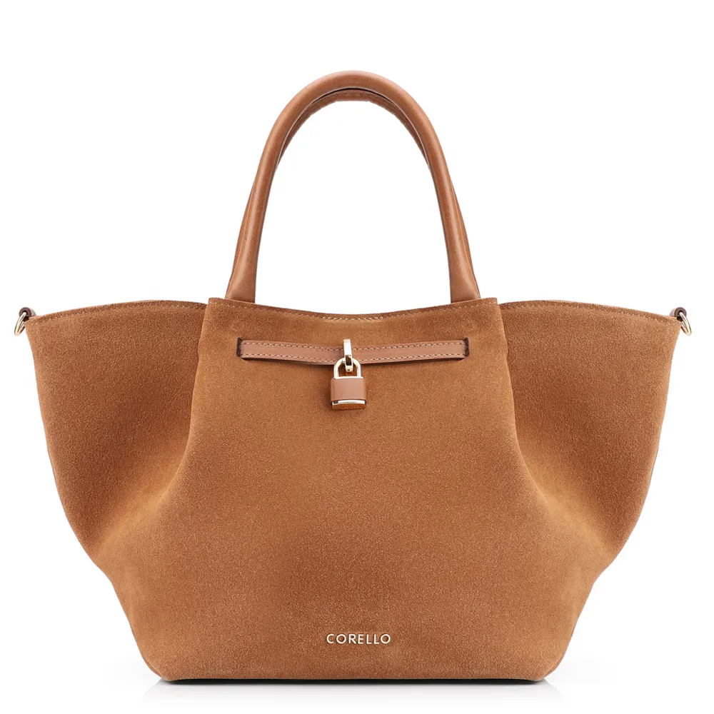 Bolsa Tote Cadeado Couro Camurça/Couro Marrom Claro