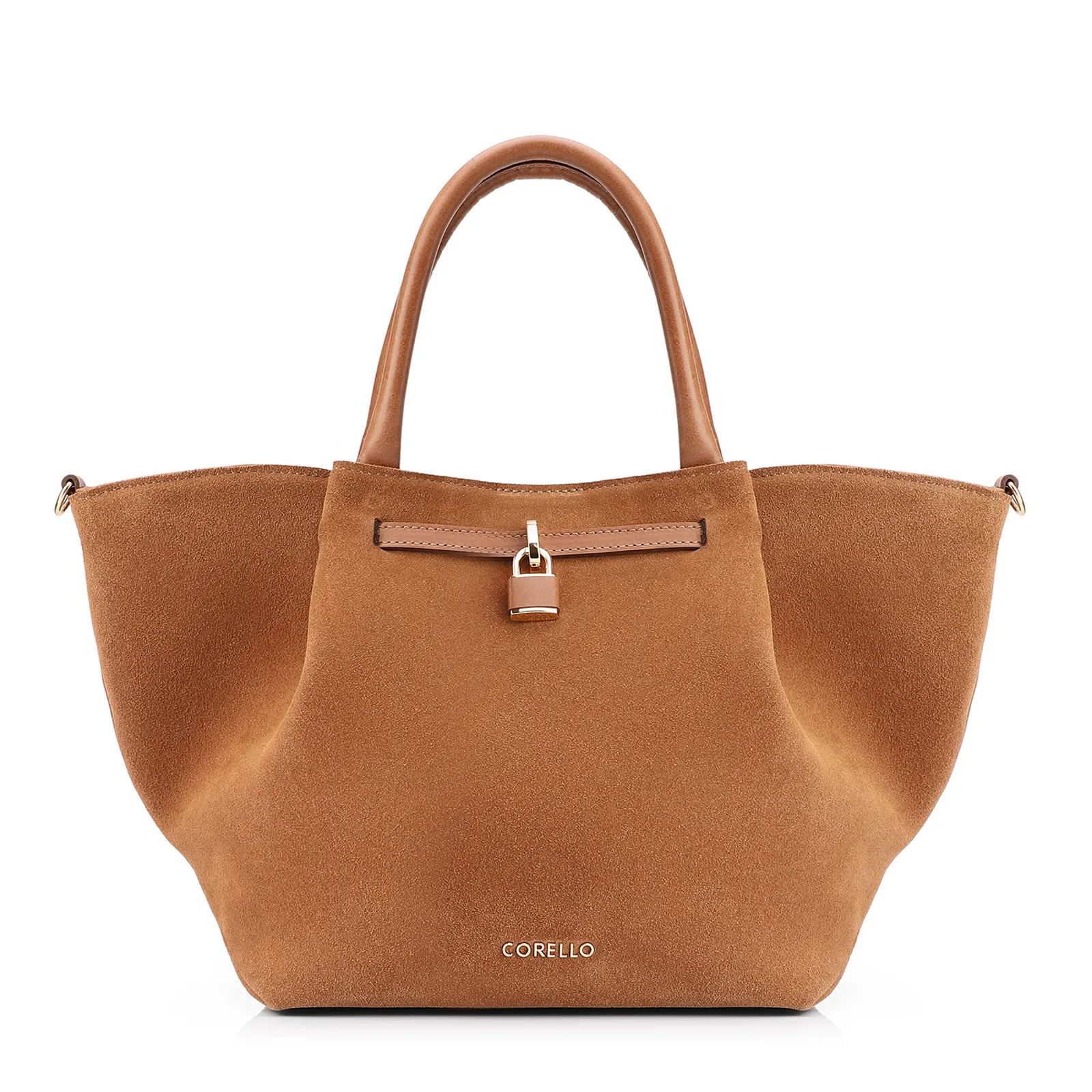 Bolsa Tote Cadeado Couro Camurça/Couro Marrom Claro