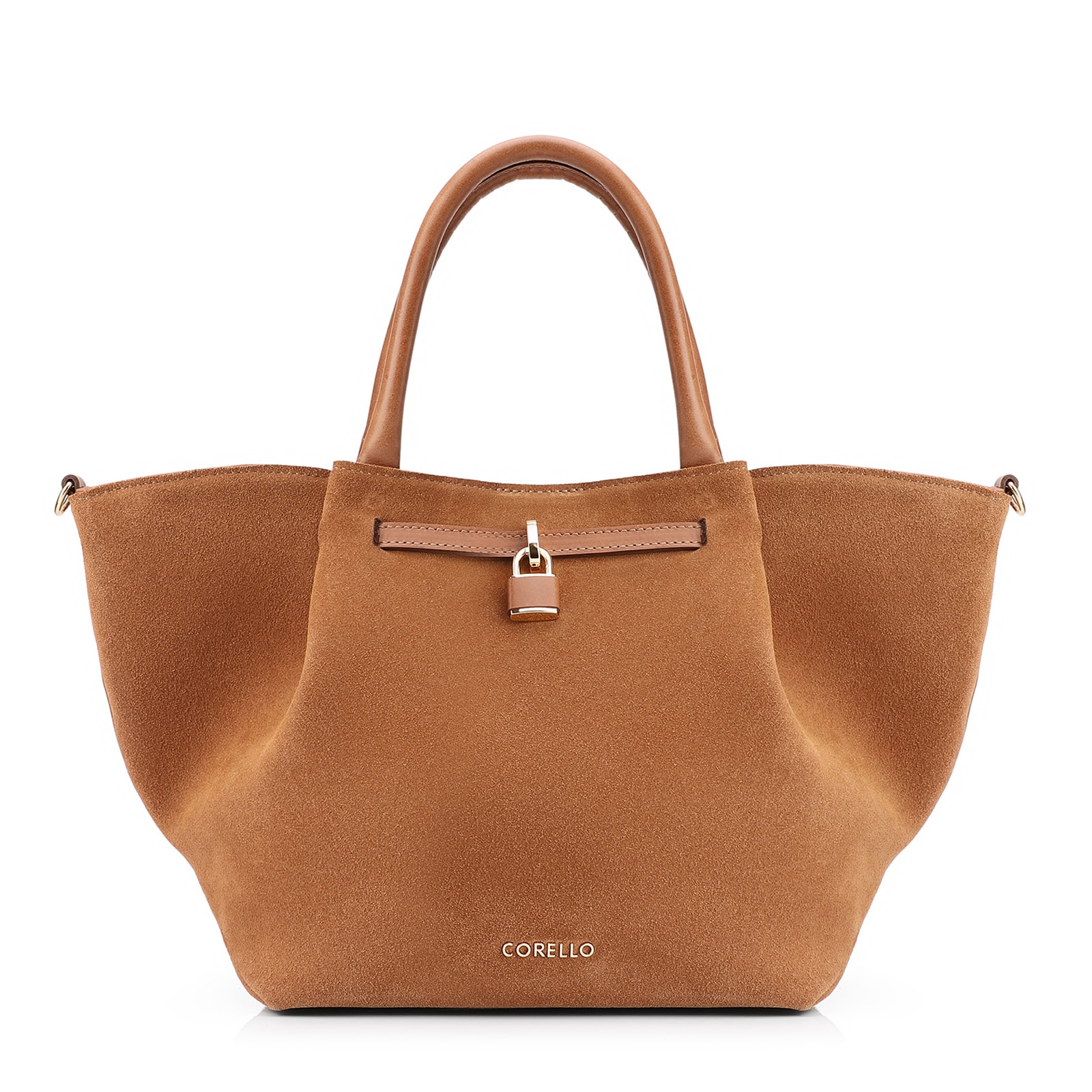 Bolsa Tote Cadeado Couro Camurça/Couro Marrom Claro