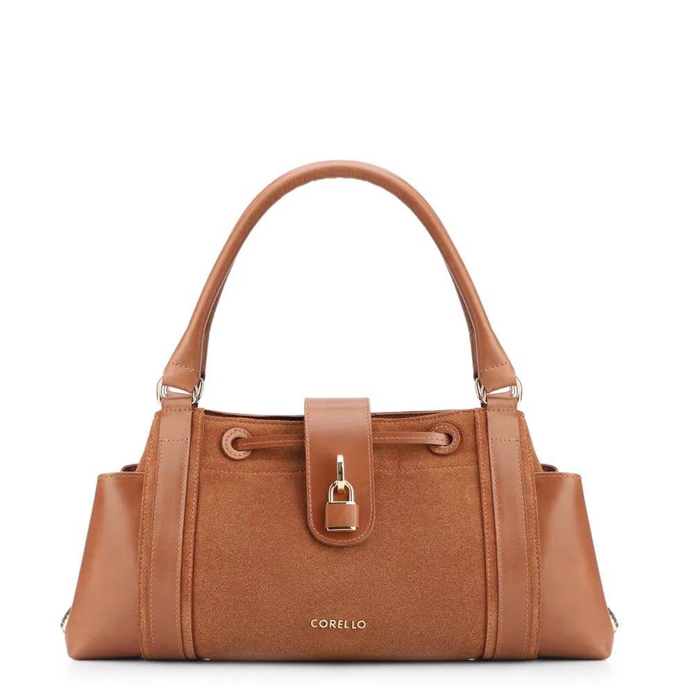 Bolsa Tote Cadeado Couro Camurça/Couro Marrom Claro
