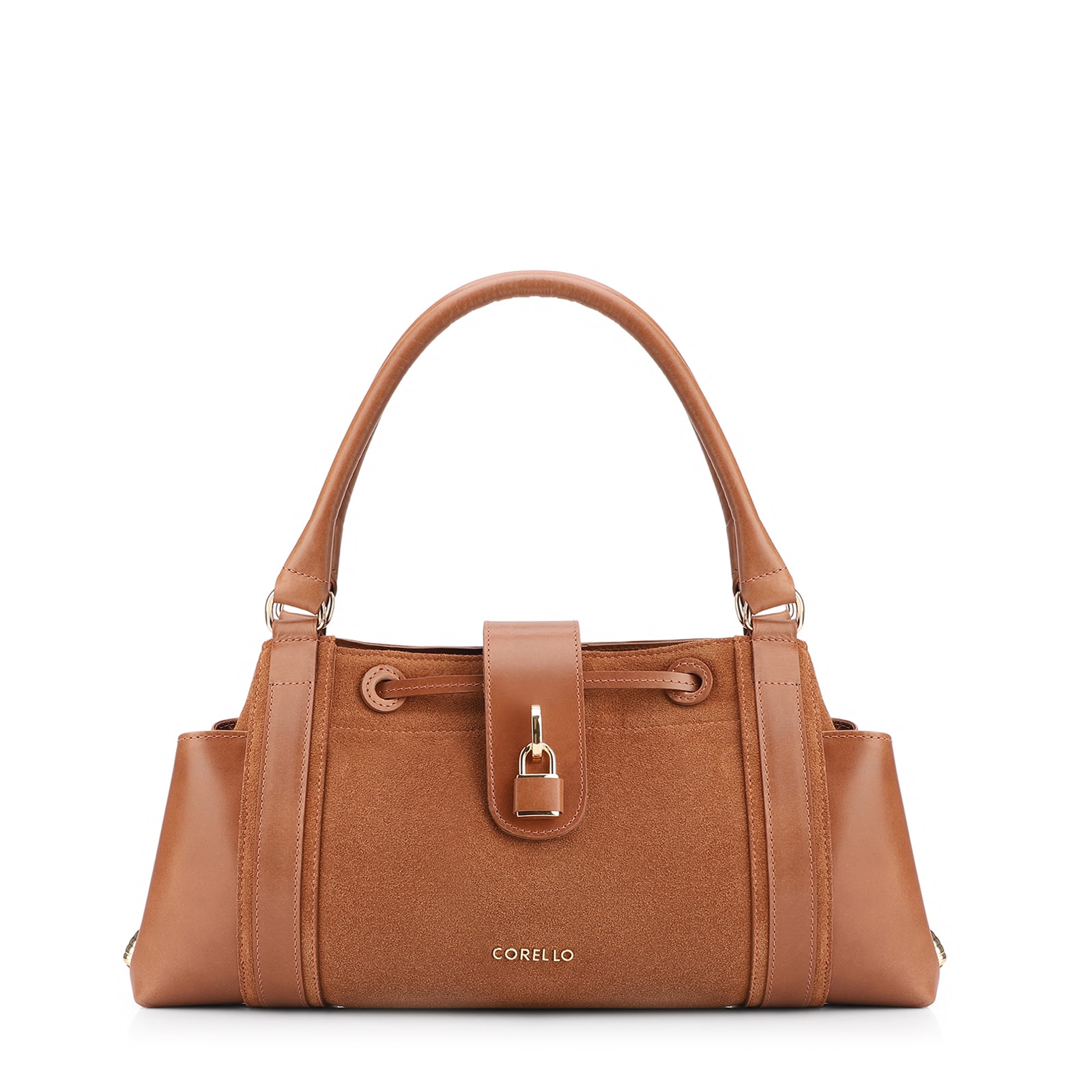 Bolsa Tote Cadeado Couro Camurça/Couro Marrom Claro