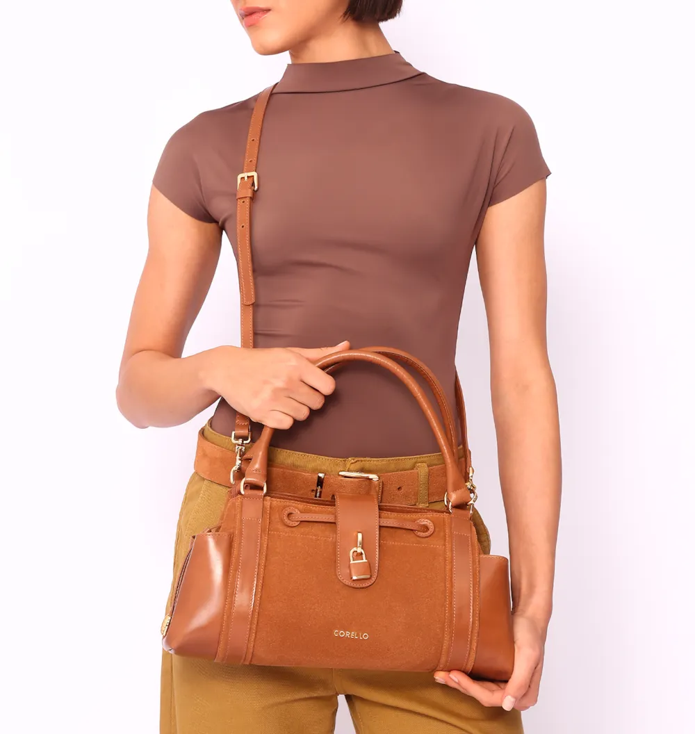 Bolsa Tote Cadeado Couro Camurça/Couro Marrom Claro - imagem 10