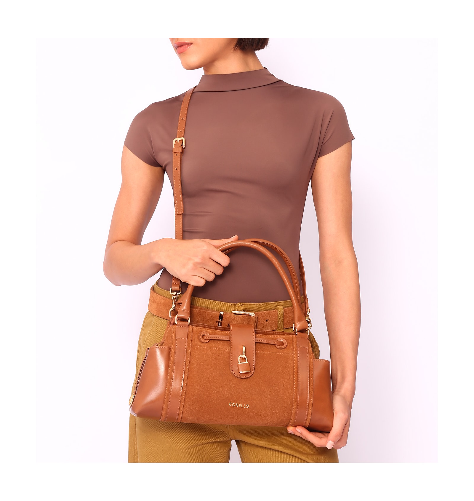 Bolsa Tote Cadeado Couro Camurça/Couro Marrom Claro