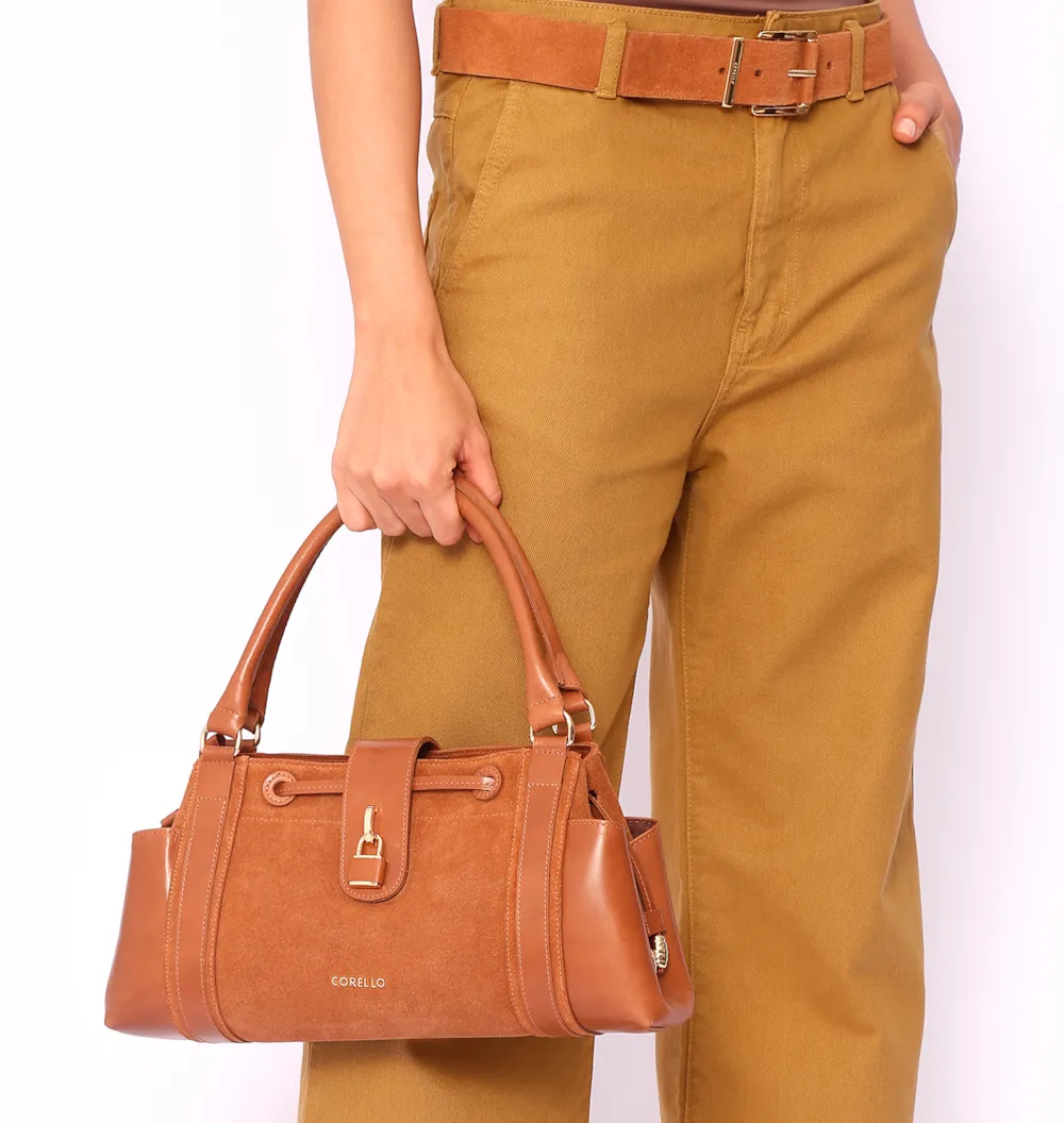 Bolsa Tote Cadeado Couro Camurça/Couro Marrom Claro - imagem 2