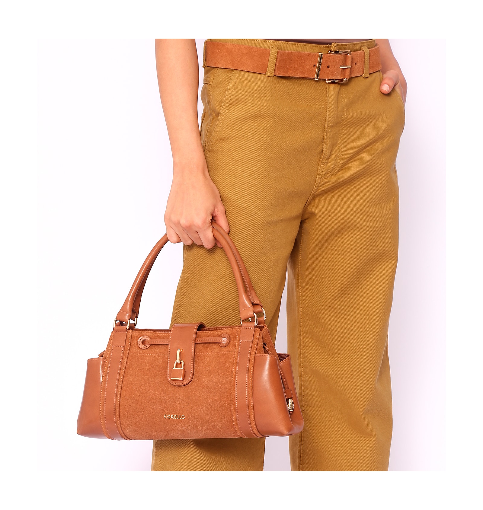 Bolsa Tote Cadeado Couro Camurça/Couro Marrom Claro