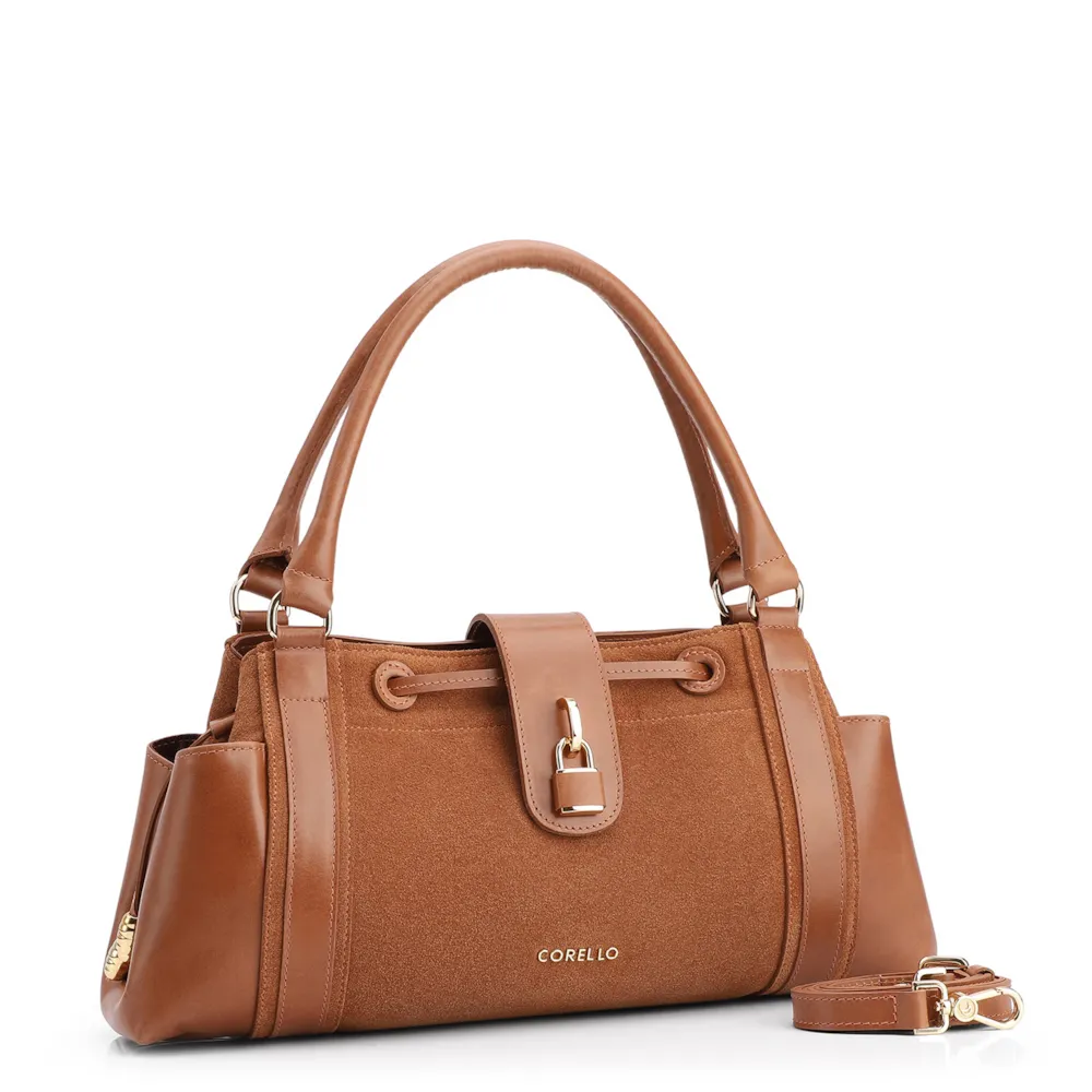 Bolsa Tote Cadeado Couro Camurça/Couro Marrom Claro - imagem 3