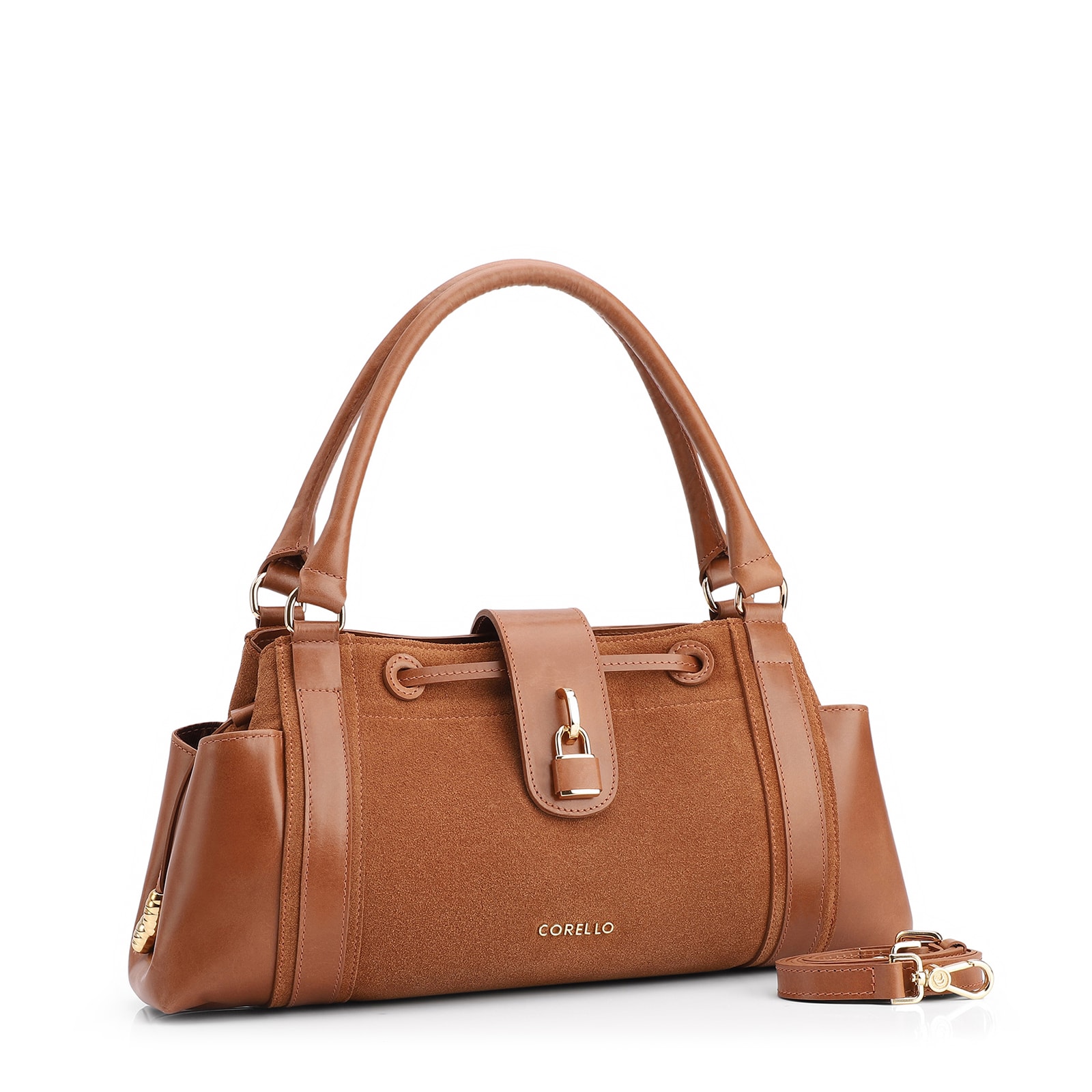 Bolsa Tote Cadeado Couro Camurça/Couro Marrom Claro