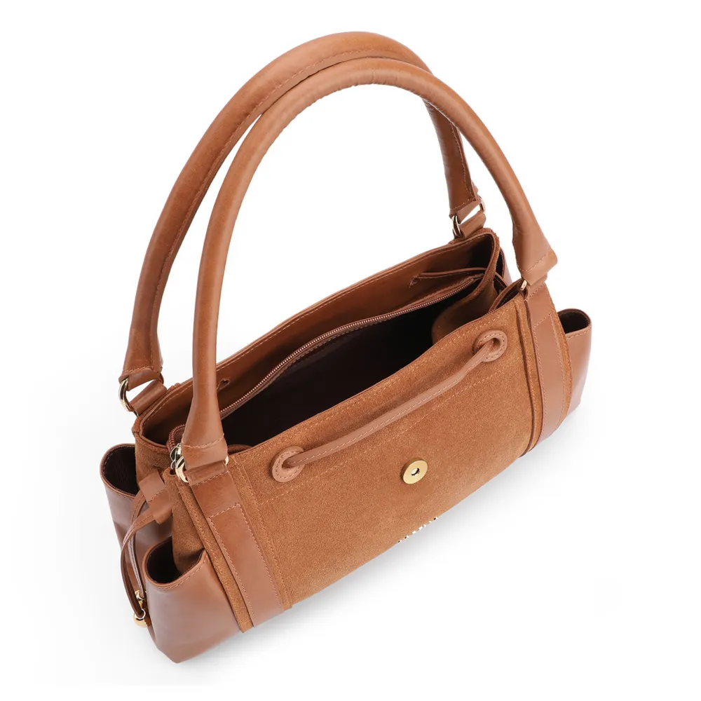 Bolsa Tote Cadeado Couro Camurça/Couro Marrom Claro - imagem 5
