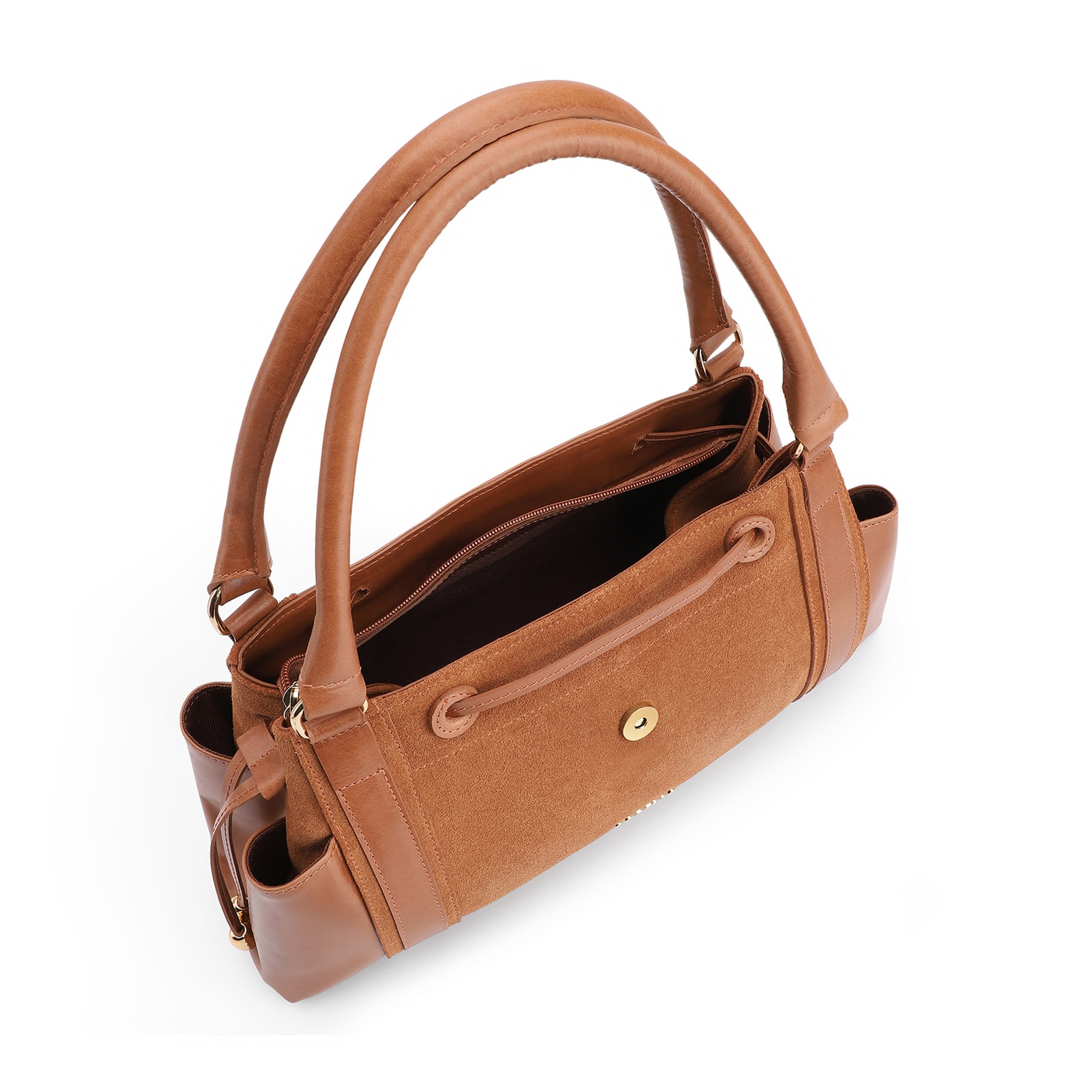 Bolsa Tote Cadeado Couro Camurça/Couro Marrom Claro