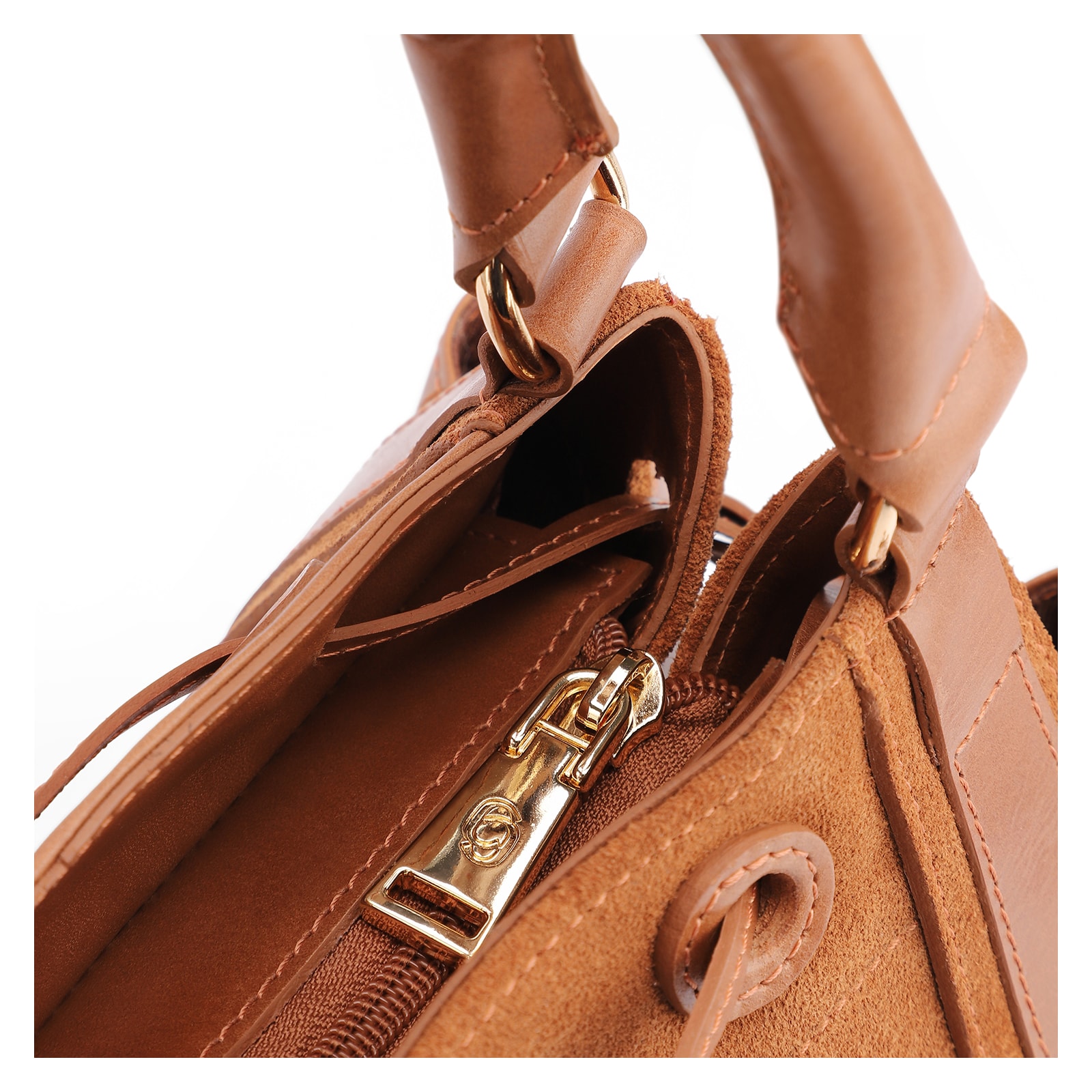 Bolsa Tote Cadeado Couro Camurça/Couro Marrom Claro