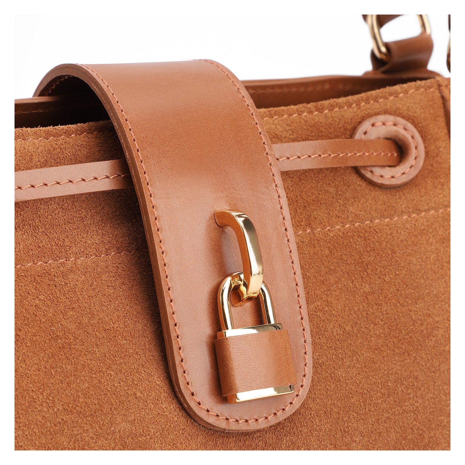 Bolsa Tote Cadeado Couro Camurça/Couro Marrom Claro
