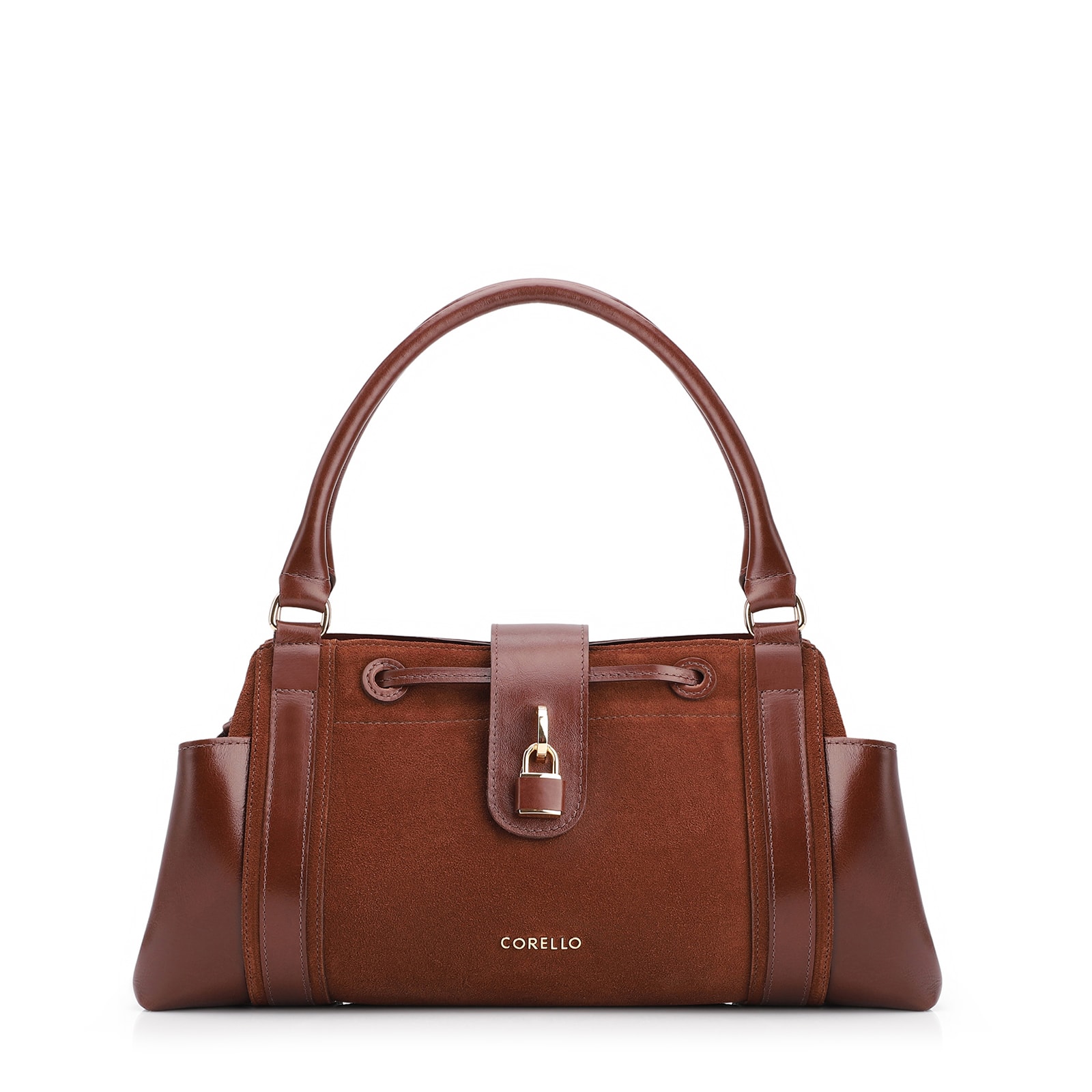 Bolsa Tote Cadeado Couro Camurça/Couro Marrom Escuro