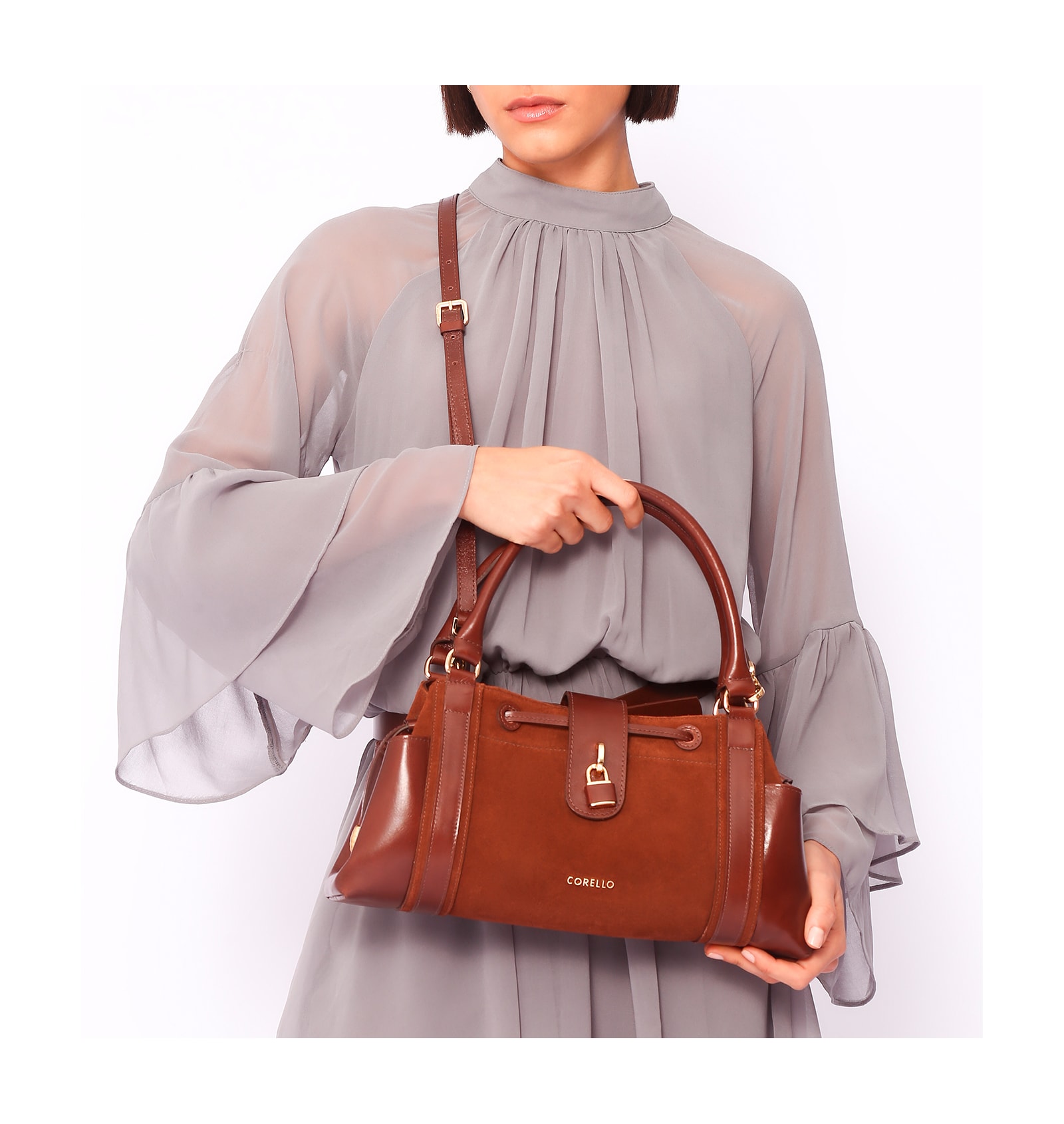 Bolsa Tote Cadeado Couro Camurça/Couro Marrom Escuro