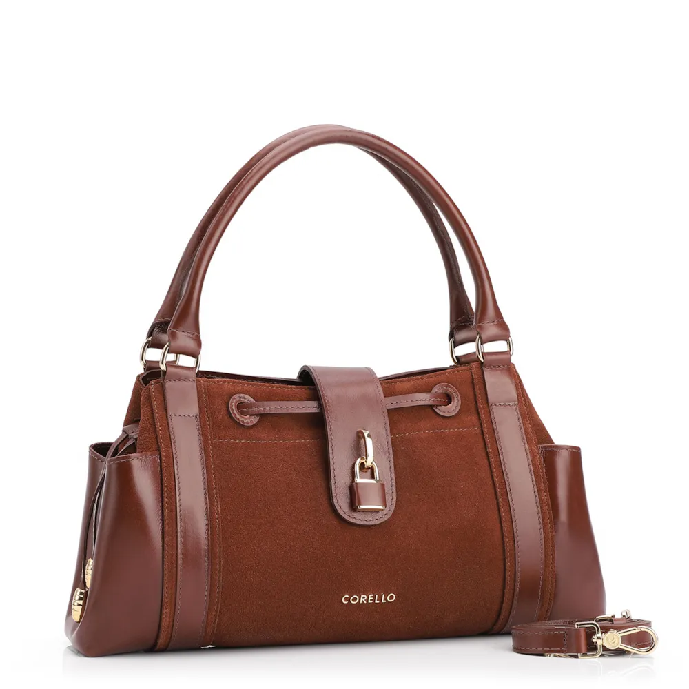 Bolsa Tote Cadeado Couro Camurça/Couro Marrom Escuro - imagem 3