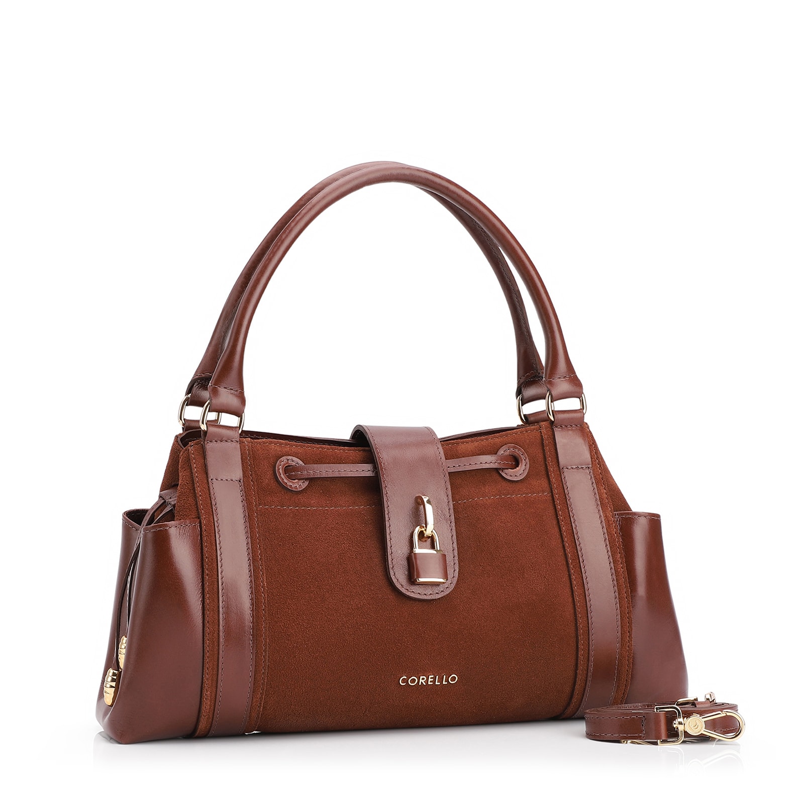 Bolsa Tote Cadeado Couro Camurça/Couro Marrom Escuro