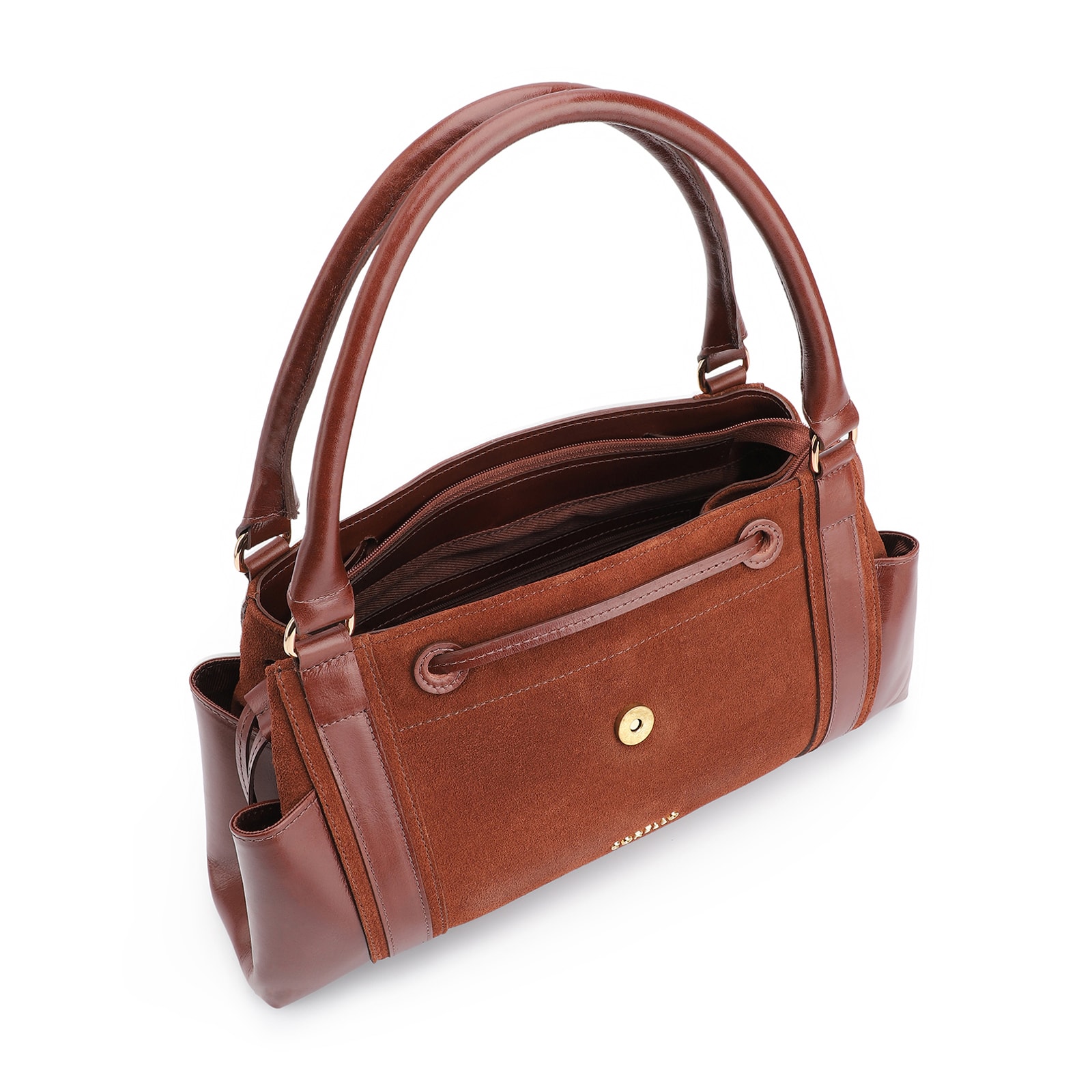 Bolsa Tote Cadeado Couro Camurça/Couro Marrom Escuro