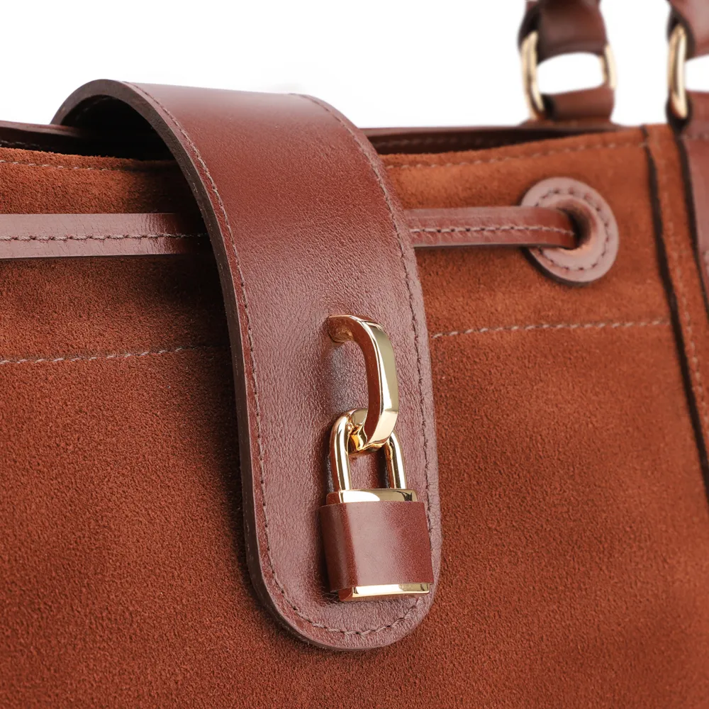 Bolsa Tote Cadeado Couro Camurça/Couro Marrom Escuro - imagem 8
