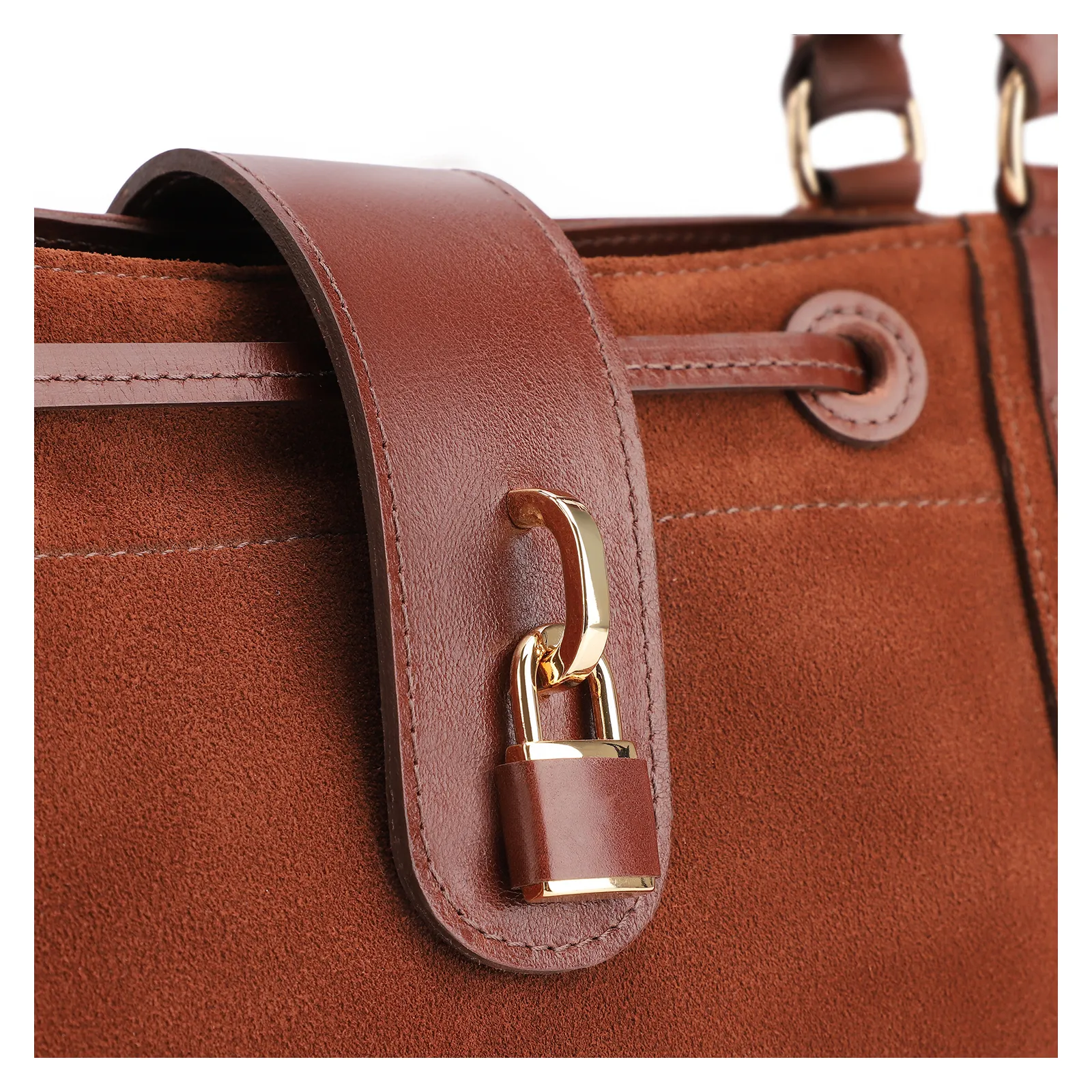 Bolsa Tote Cadeado Couro Camurça/Couro Marrom Escuro