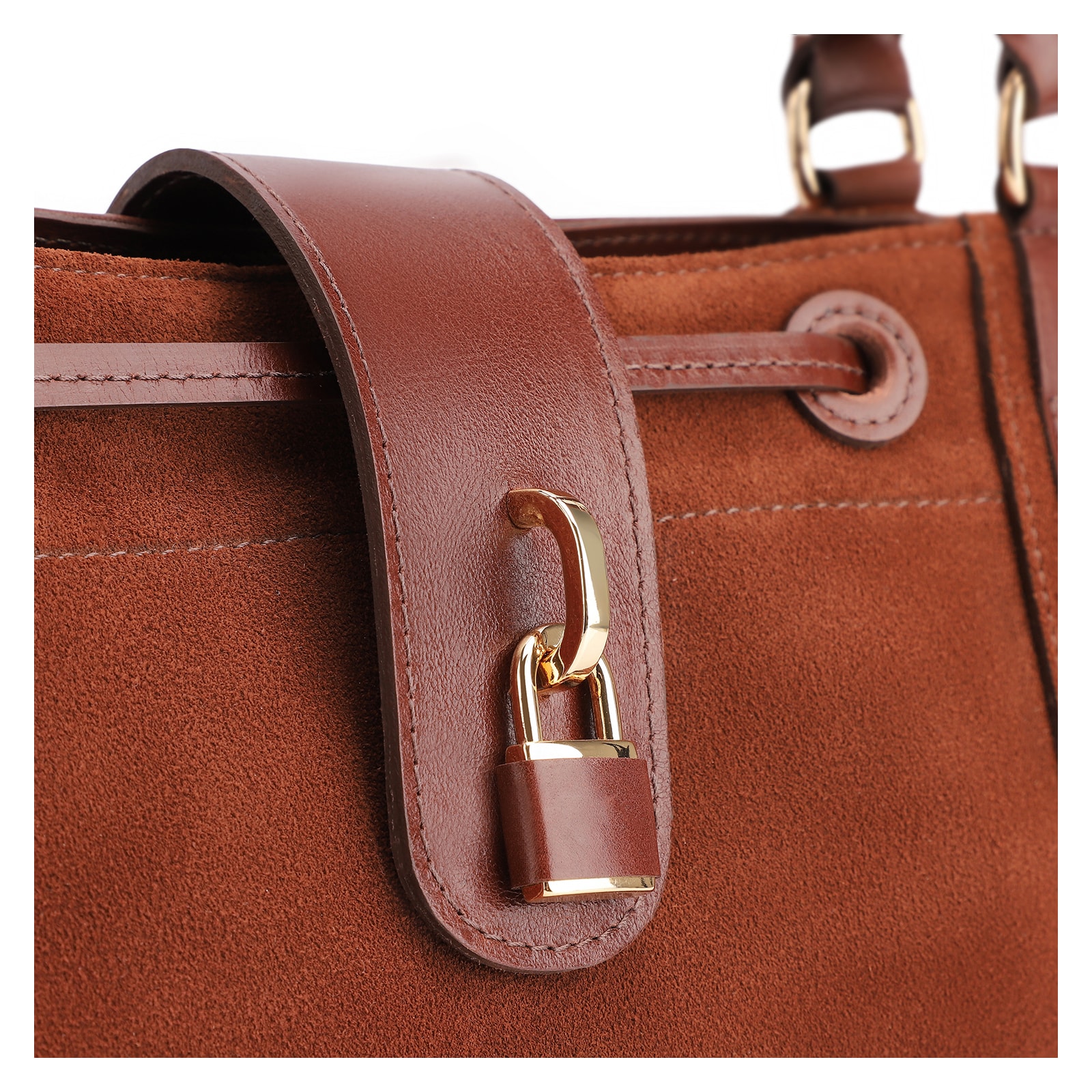 Bolsa Tote Cadeado Couro Camurça/Couro Marrom Escuro