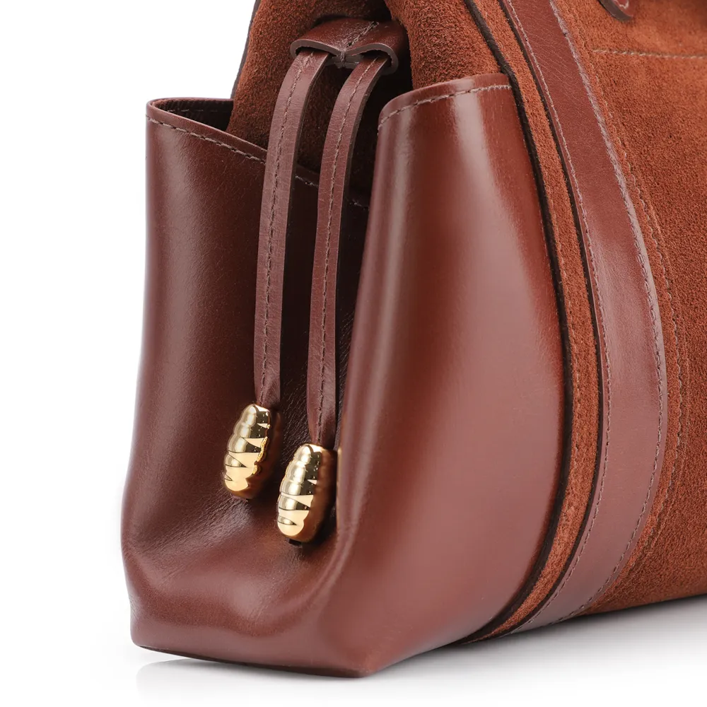 Bolsa Tote Cadeado Couro Camurça/Couro Marrom Escuro - imagem 9