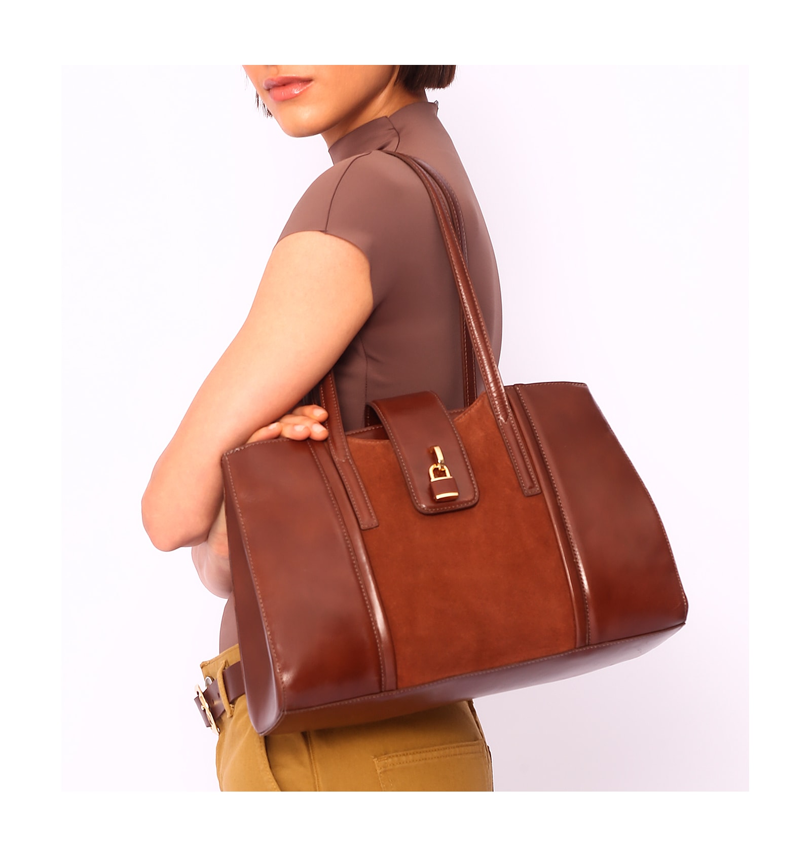 Bolsa Tote Cadeado Couro Camurça/Couro Marrom Escuro