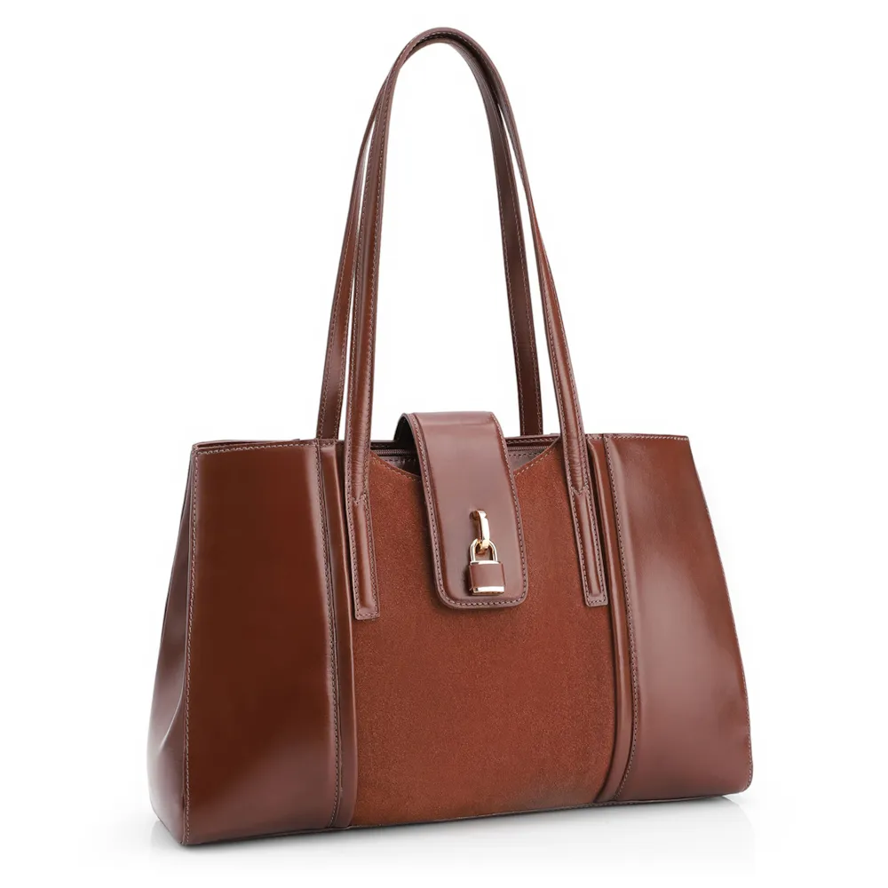 Bolsa Tote Cadeado Couro Camurça/Couro Marrom Escuro - imagem 3