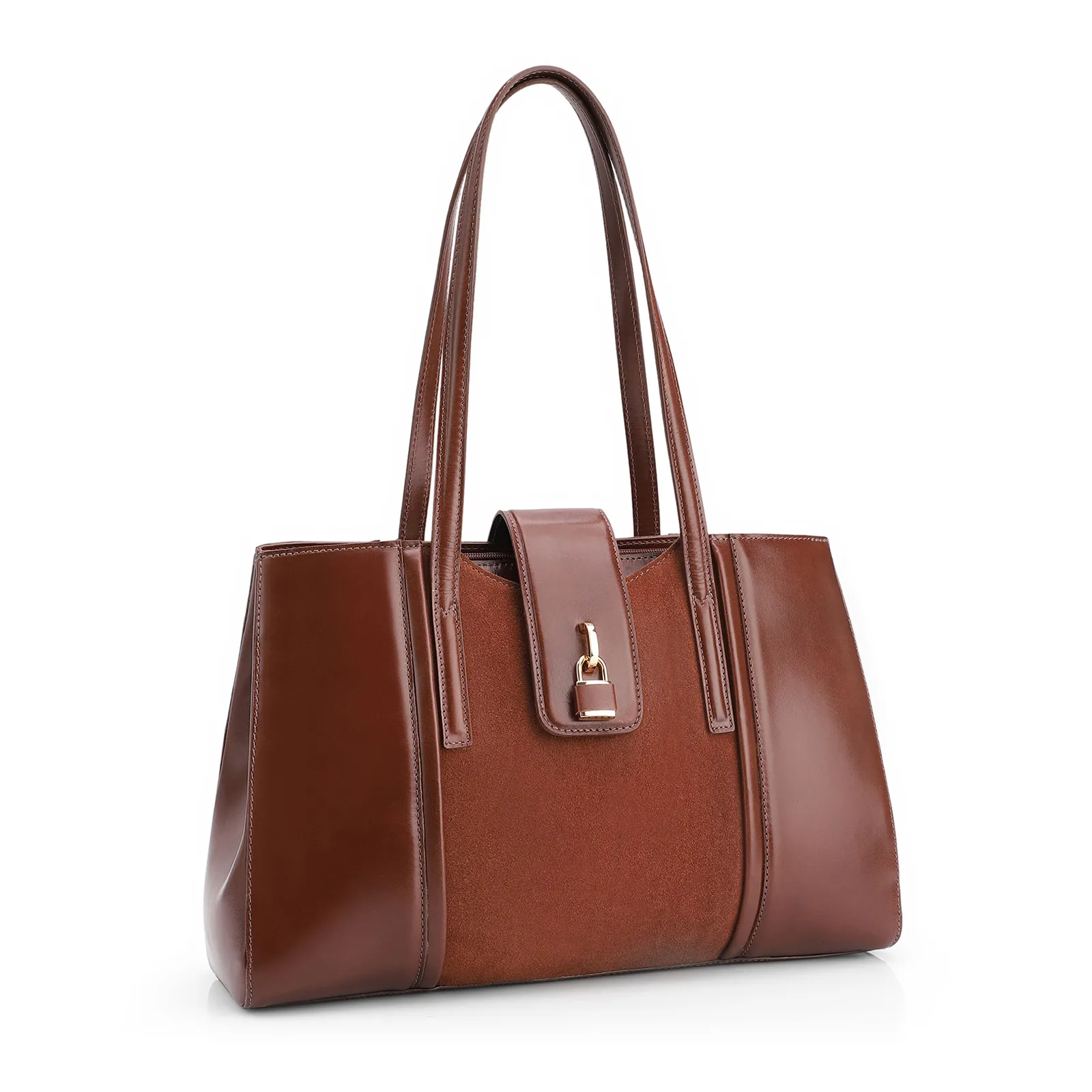 Bolsa Tote Cadeado Couro Camurça/Couro Marrom Escuro