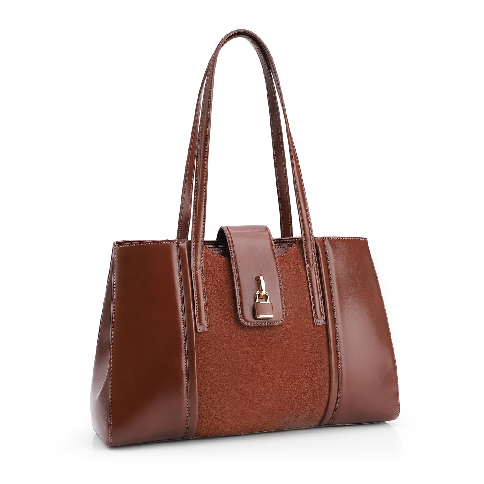 Bolsa Tote Cadeado Couro Camurça/Couro Marrom Escuro