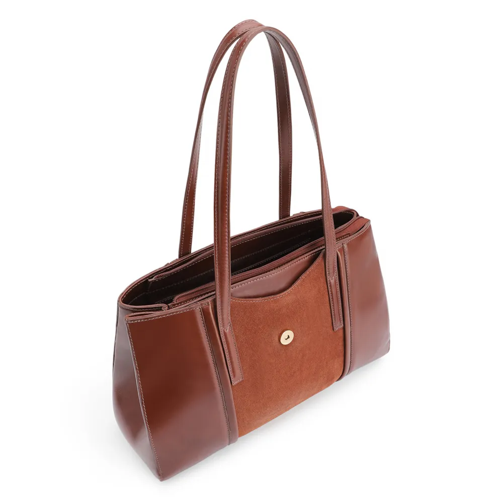 Bolsa Tote Cadeado Couro Camurça/Couro Marrom Escuro - imagem 5