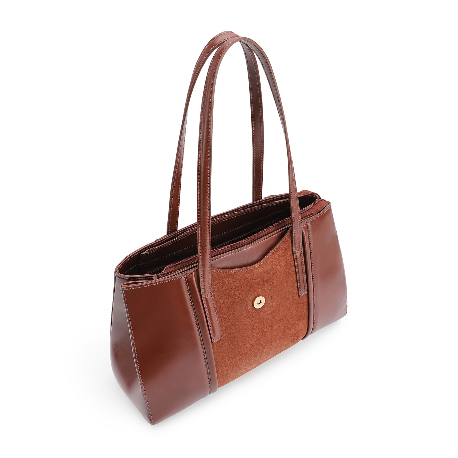 Bolsa Tote Cadeado Couro Camurça/Couro Marrom Escuro