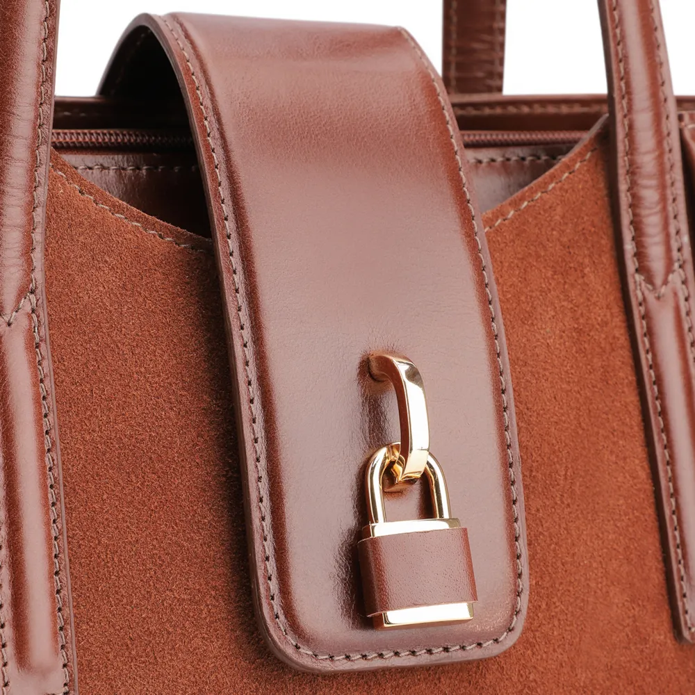 Bolsa Tote Cadeado Couro Camurça/Couro Marrom Escuro - imagem 8