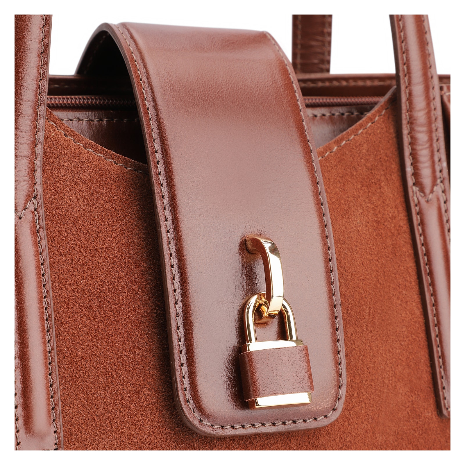 Bolsa Tote Cadeado Couro Camurça/Couro Marrom Escuro