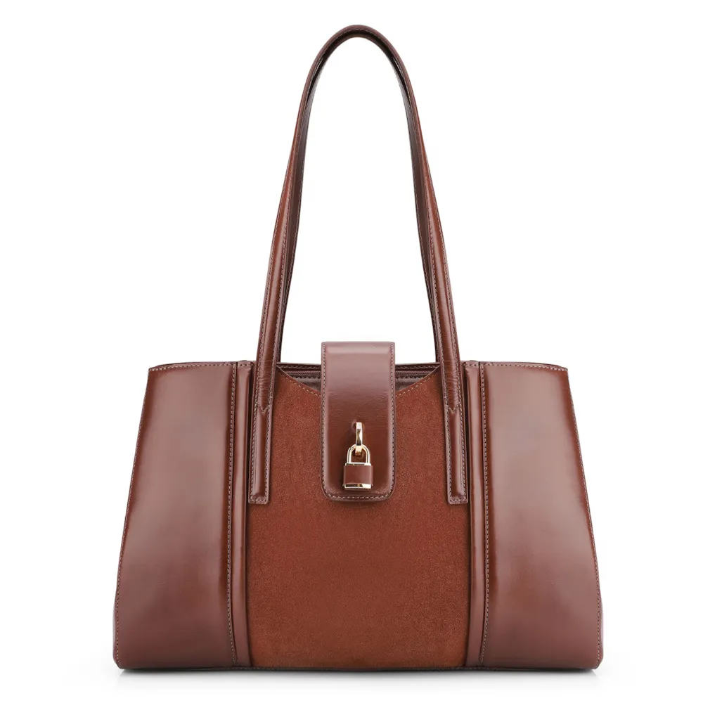 Bolsa Tote Cadeado Couro Camurça/Couro Marrom Escuro
