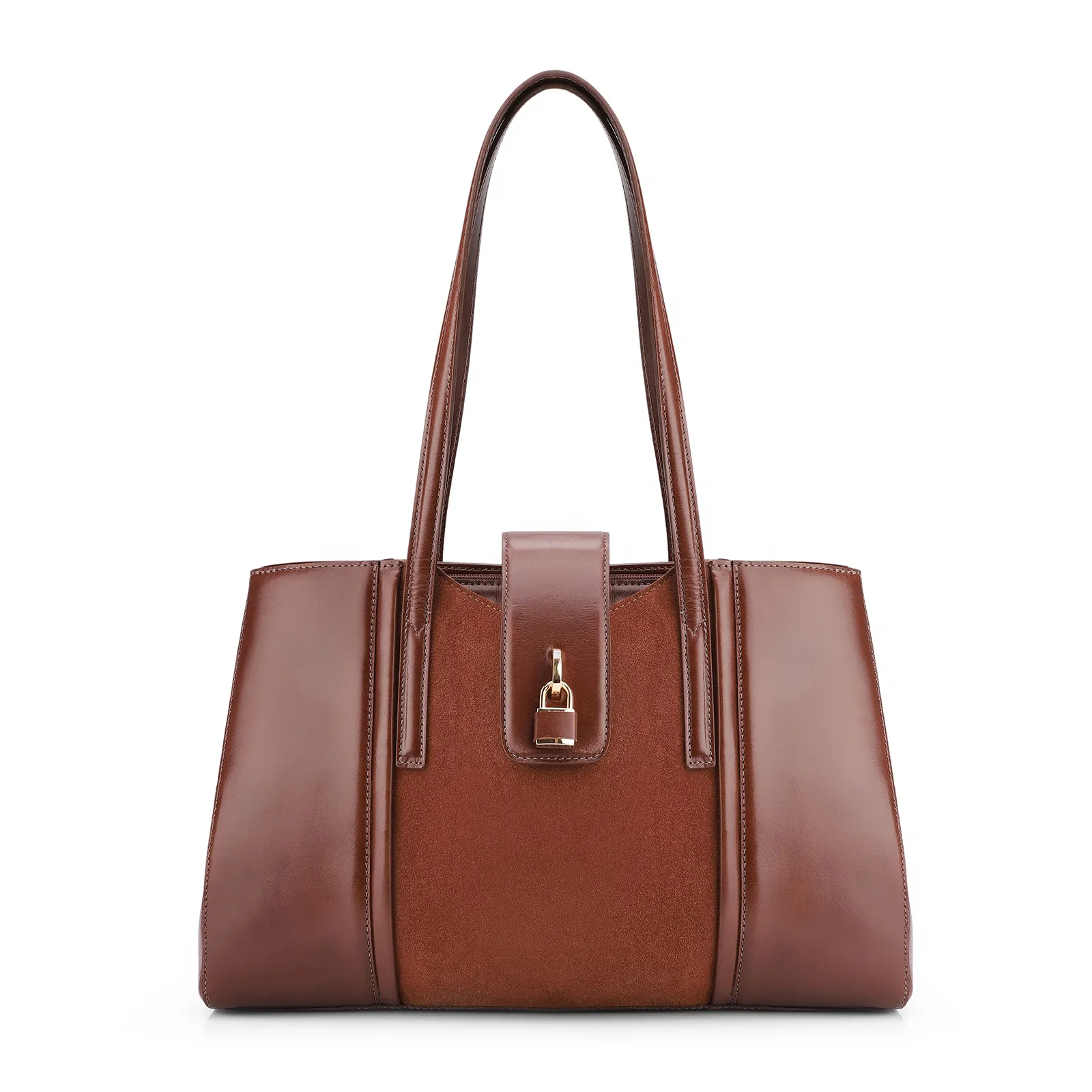 Bolsa Tote Cadeado Couro Camurça/Couro Marrom Escuro