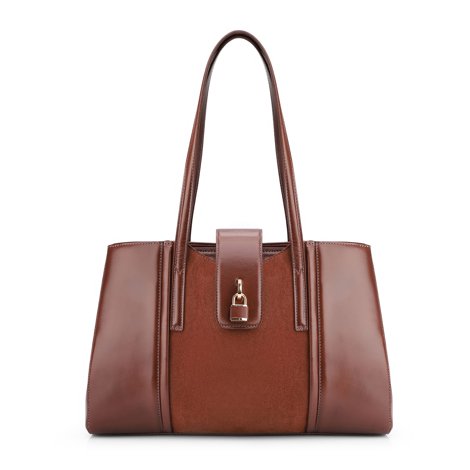 Bolsa Tote Cadeado Couro Camurça/Couro Marrom Escuro