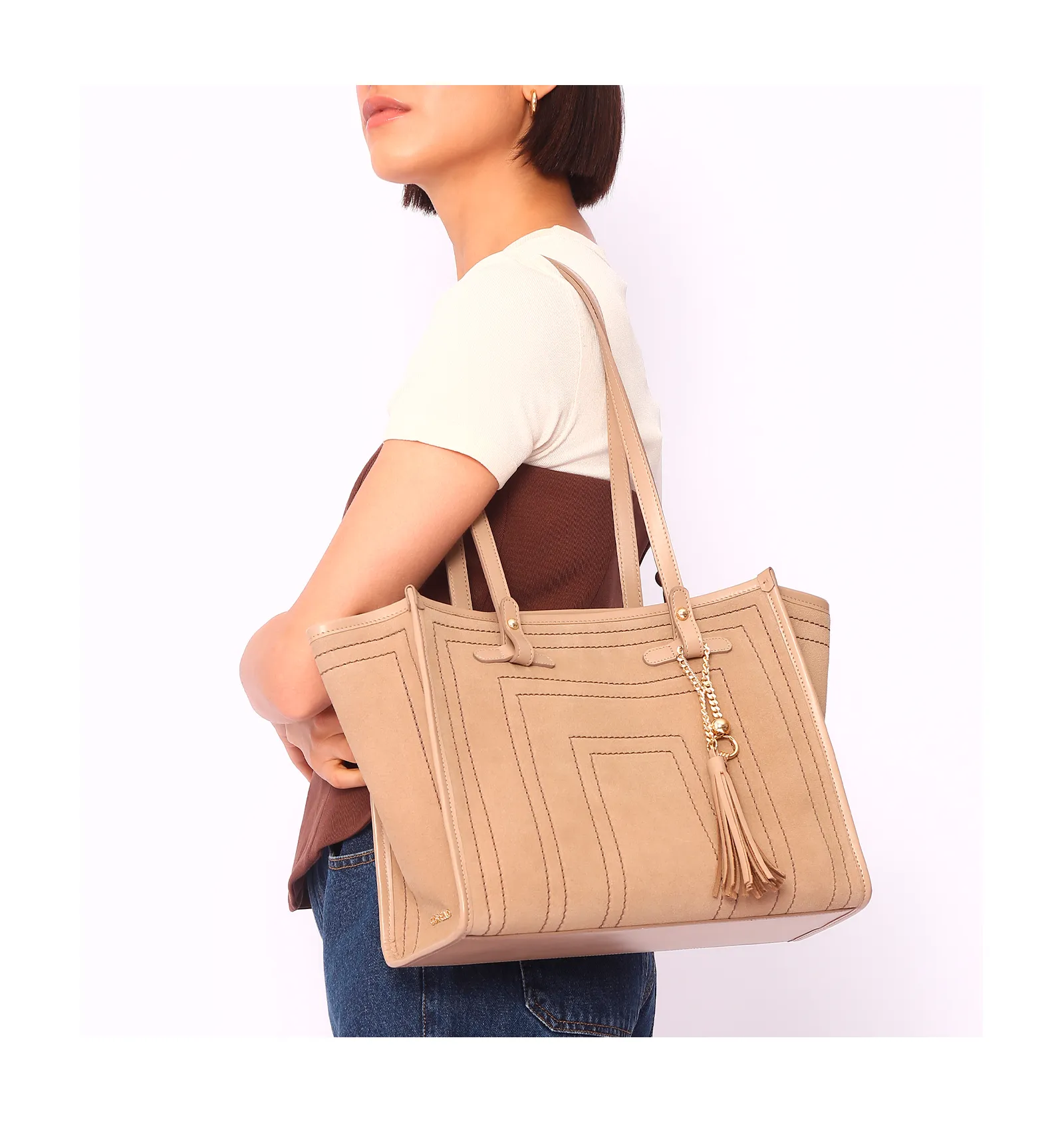 Bolsa Tote Couro Camurça/Couro Bege