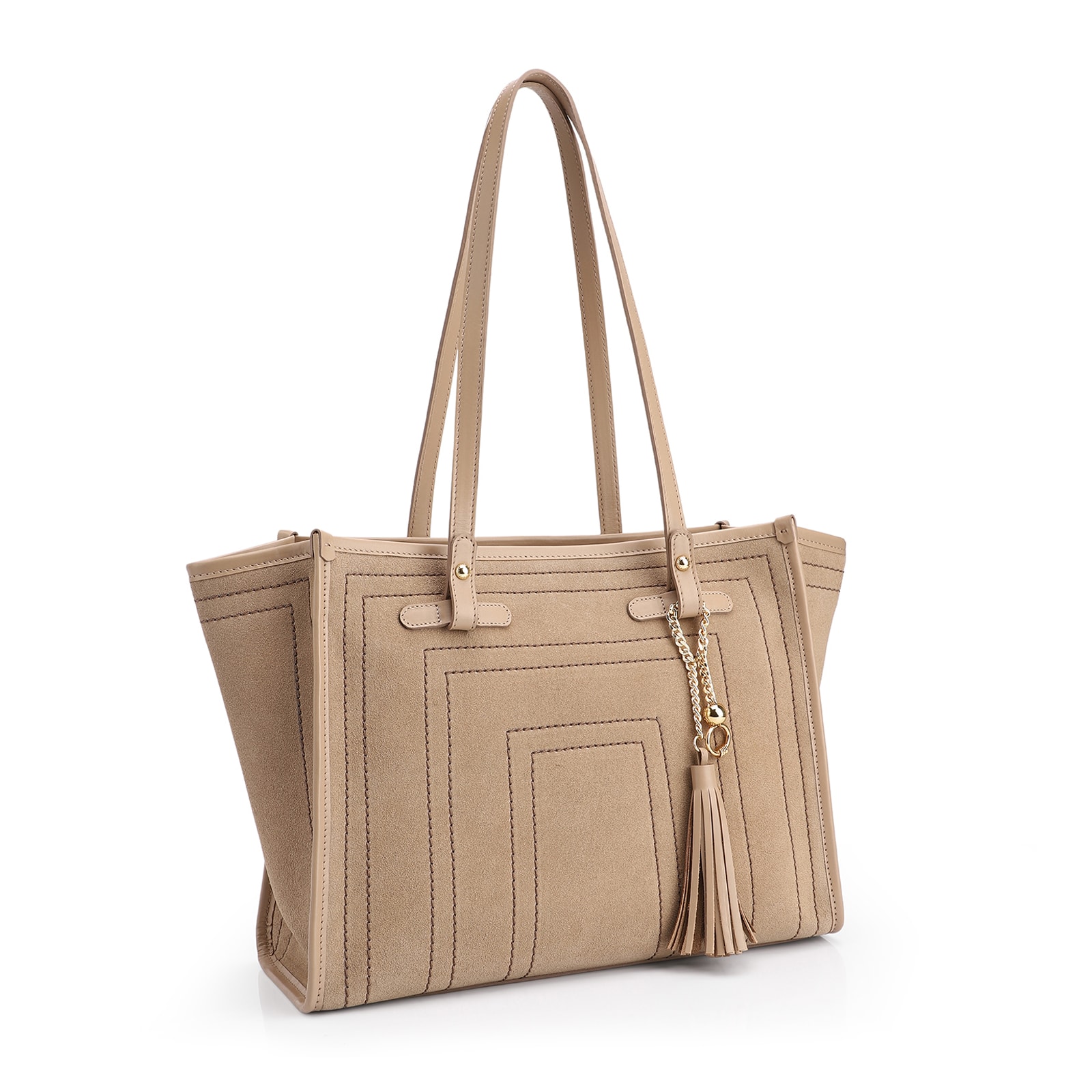 Bolsa Tote Couro Camurça/Couro Bege